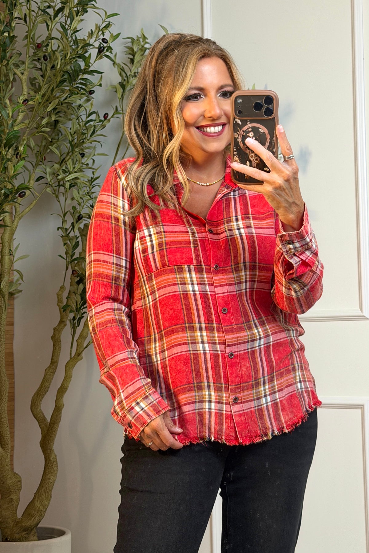 Irina Plaid Button Down Top : Washed Red