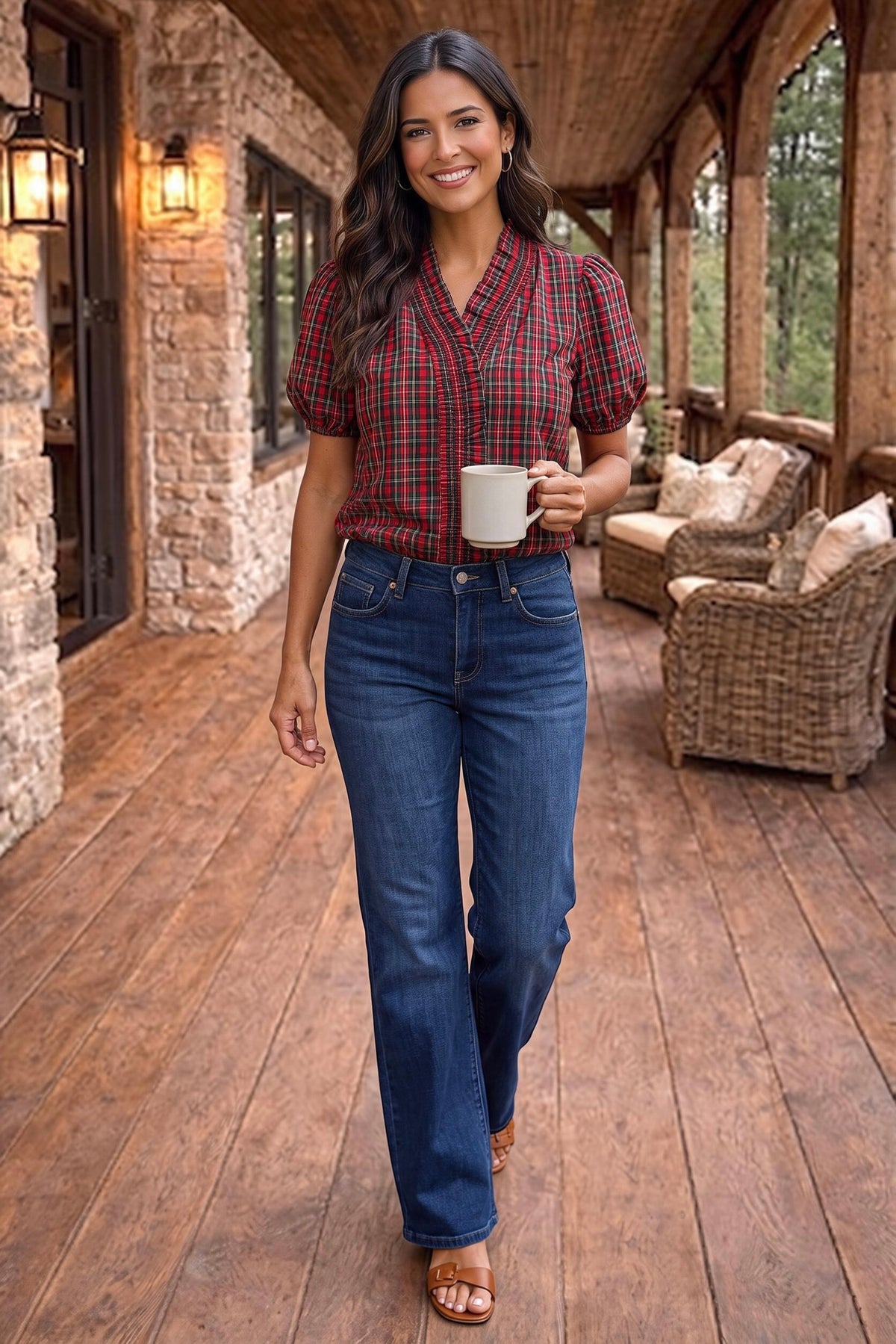 Linnet V-Neck Plaid Top : Red