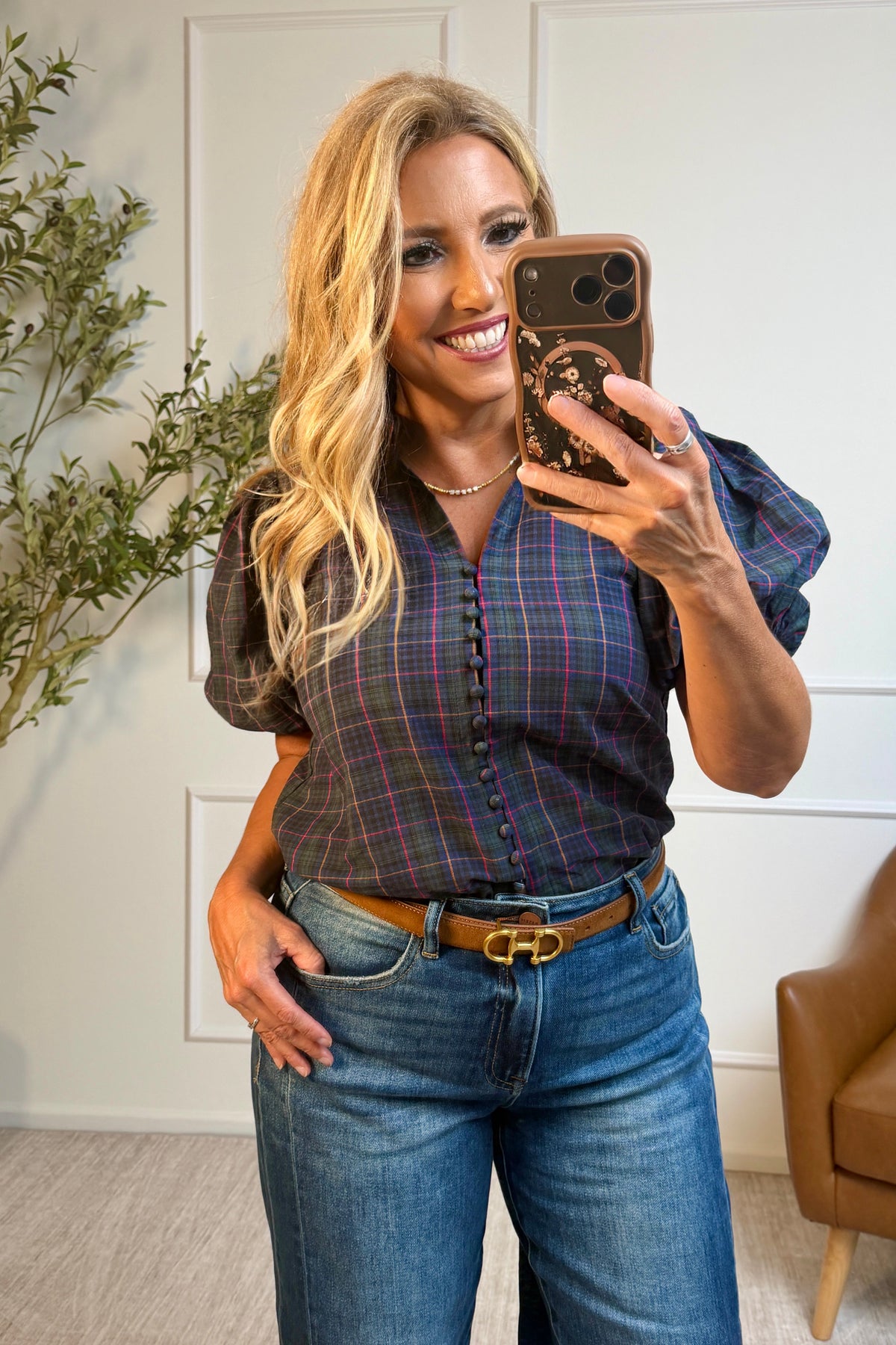 Leonie Plaid Puff Sleeve Blouse : Navy