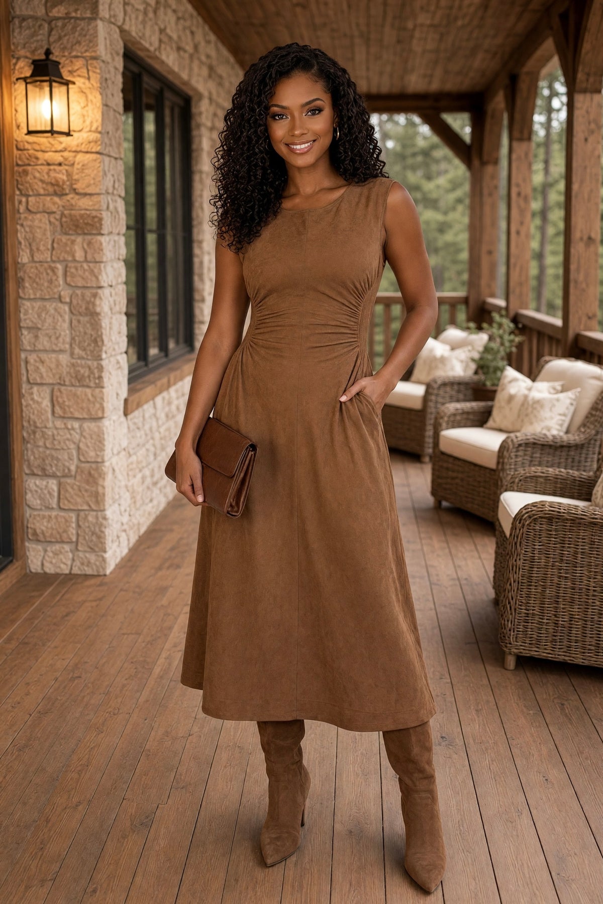 Dorinda Faux Suede Midi Dress : Mocha
