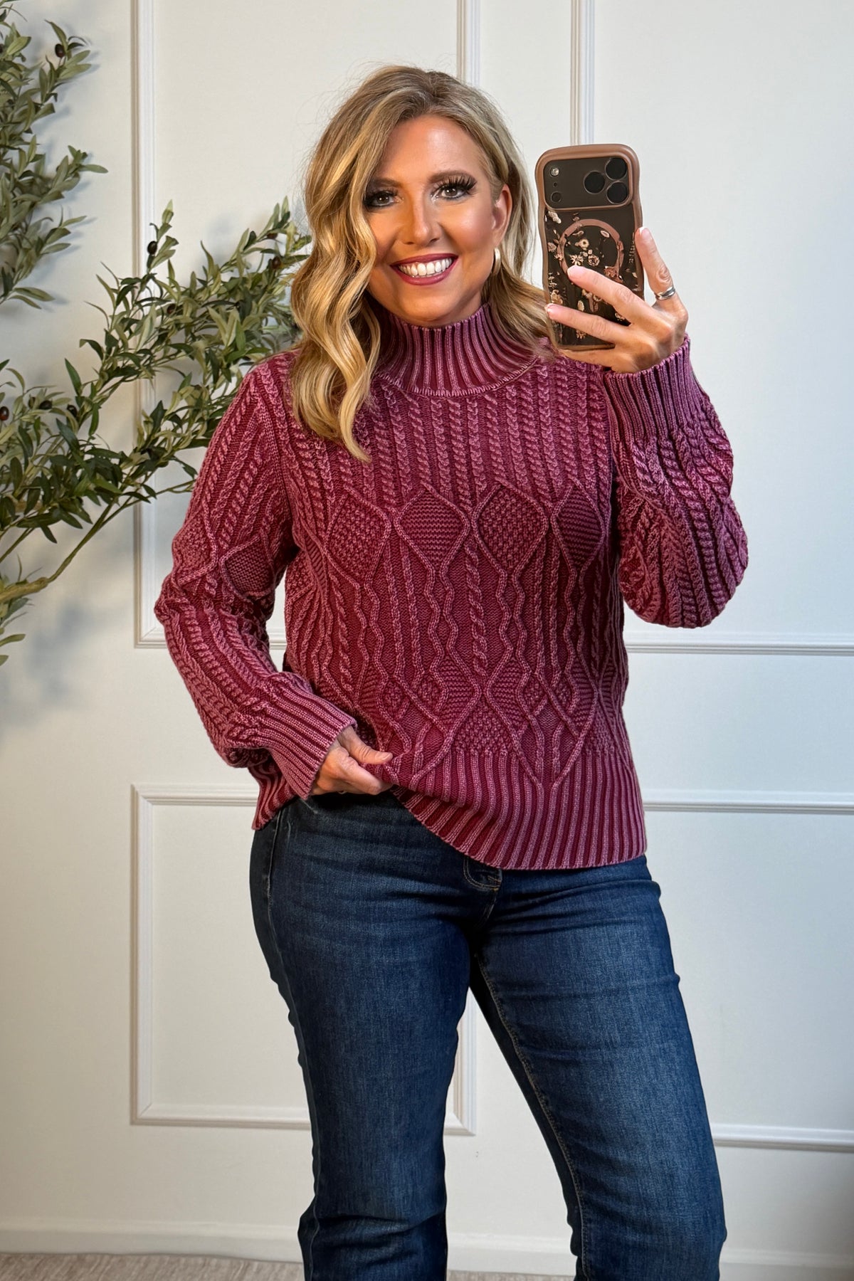 Tribal Brianna Mock Neck Sweater : Cherry