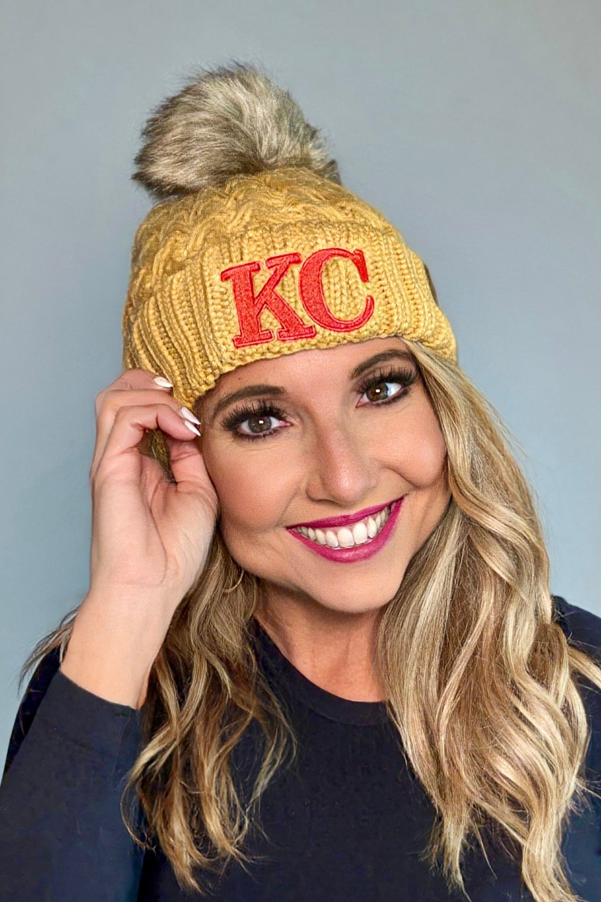 KC Fleece Lined Pom Beanie : Mustard/Red