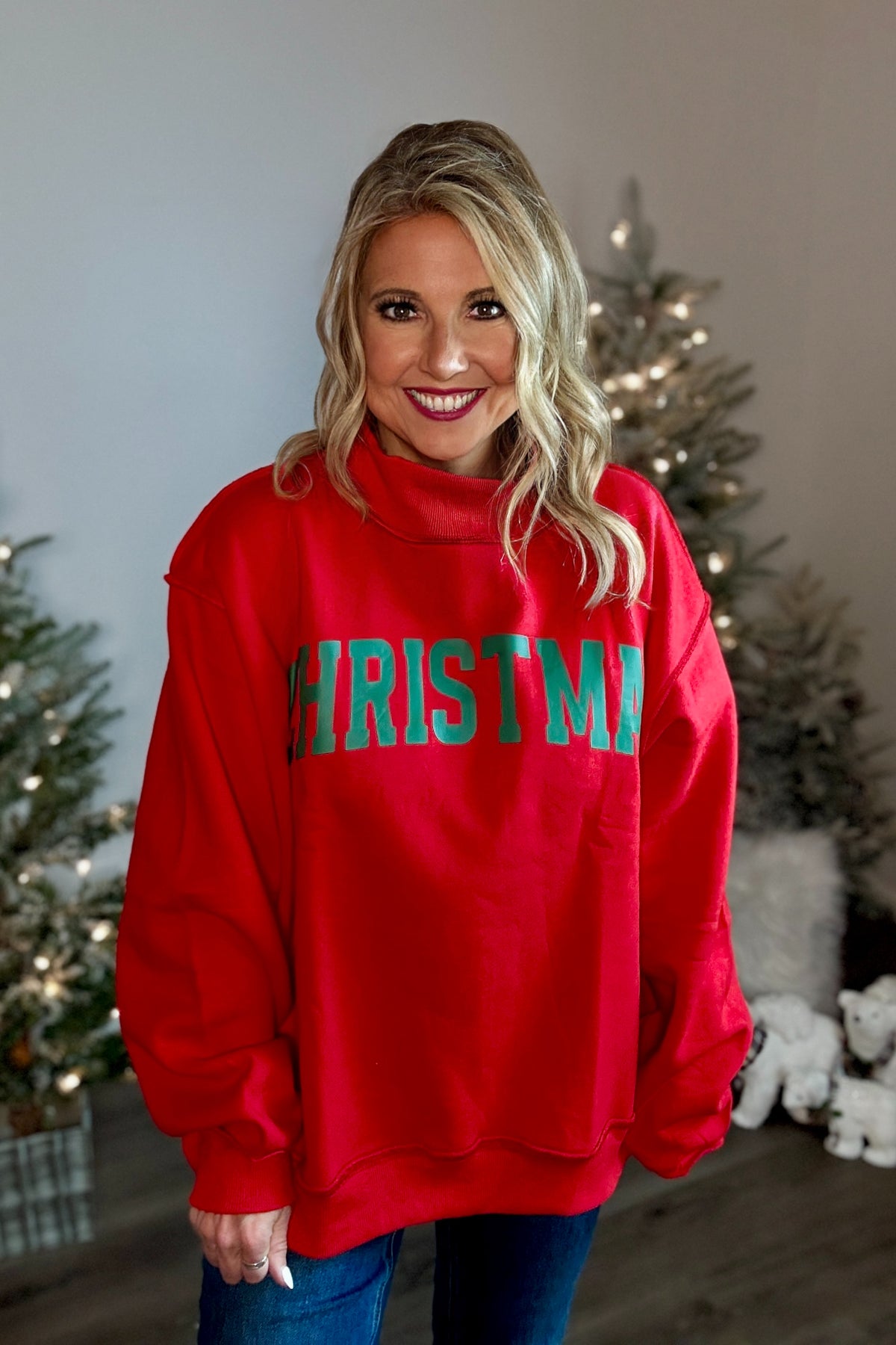 Belle Oversized Mock Neck Christmas Pullover : Red