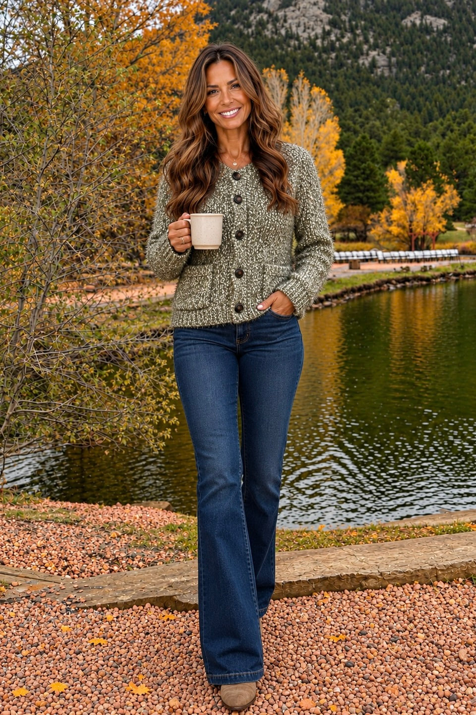 Tribal Shania Crew Neck Sweater Cardigan : Basil