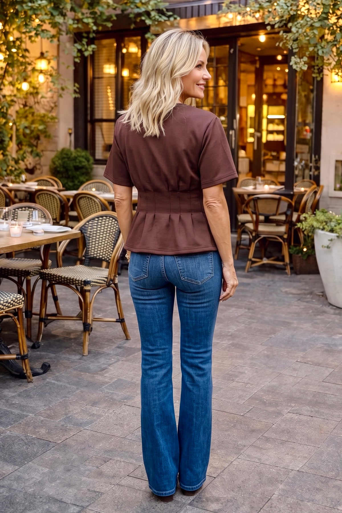 Chantel Short Sleeve Peplum Top : Brown