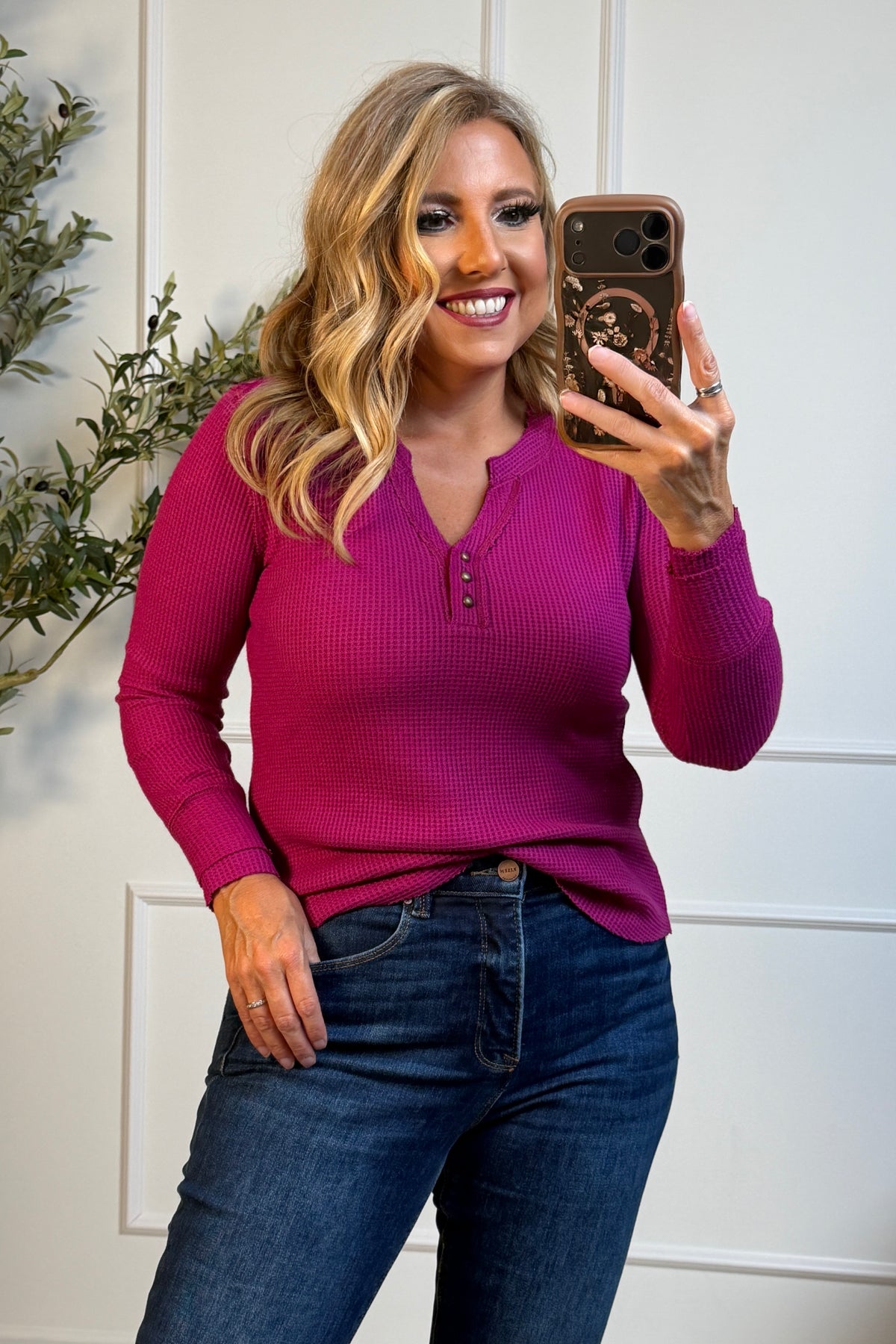Tribal Skai Waffle Knit Long Sleeve Top : Magenta