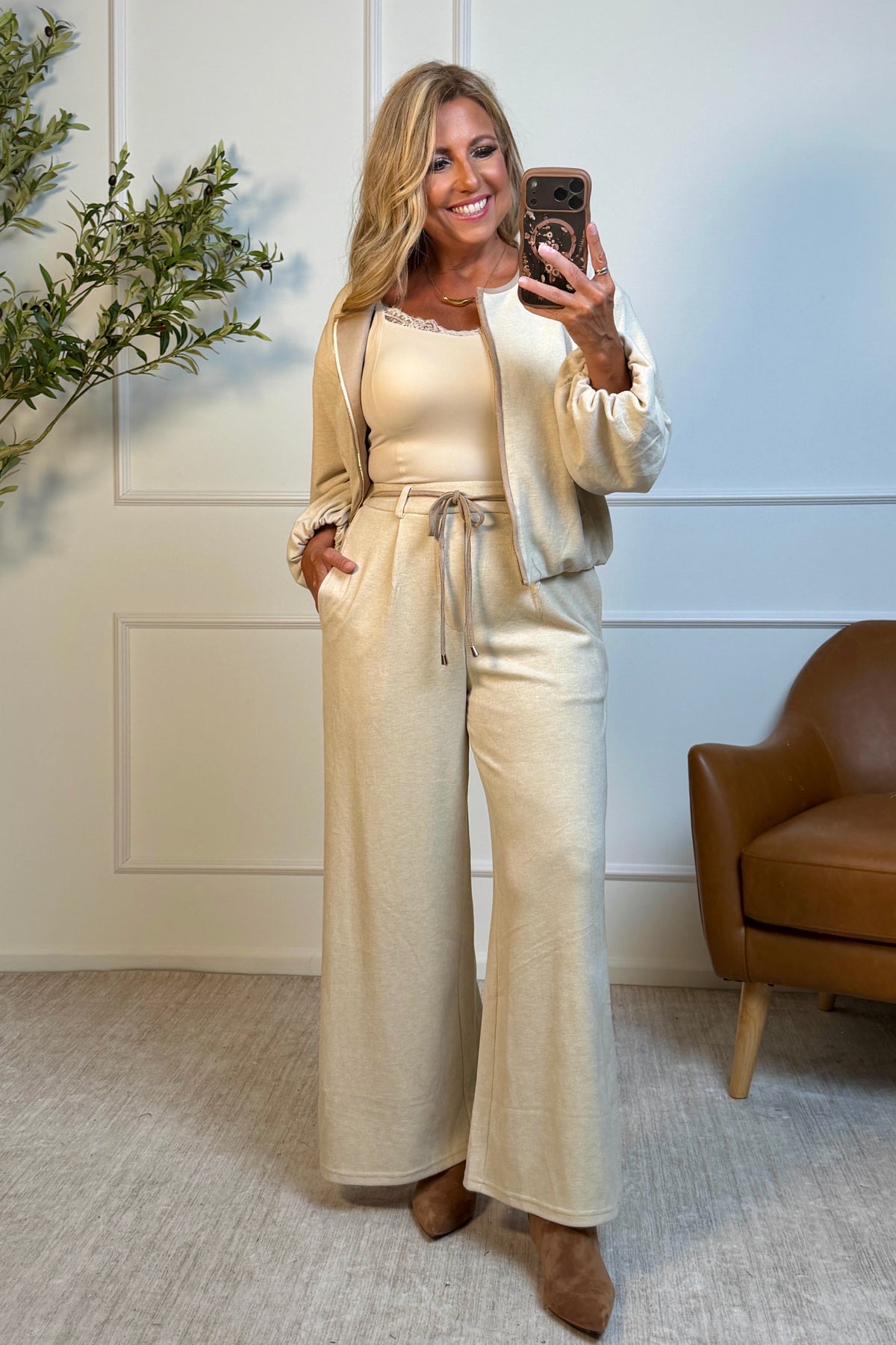 Rosella Suede Wide Leg Pants : Beige