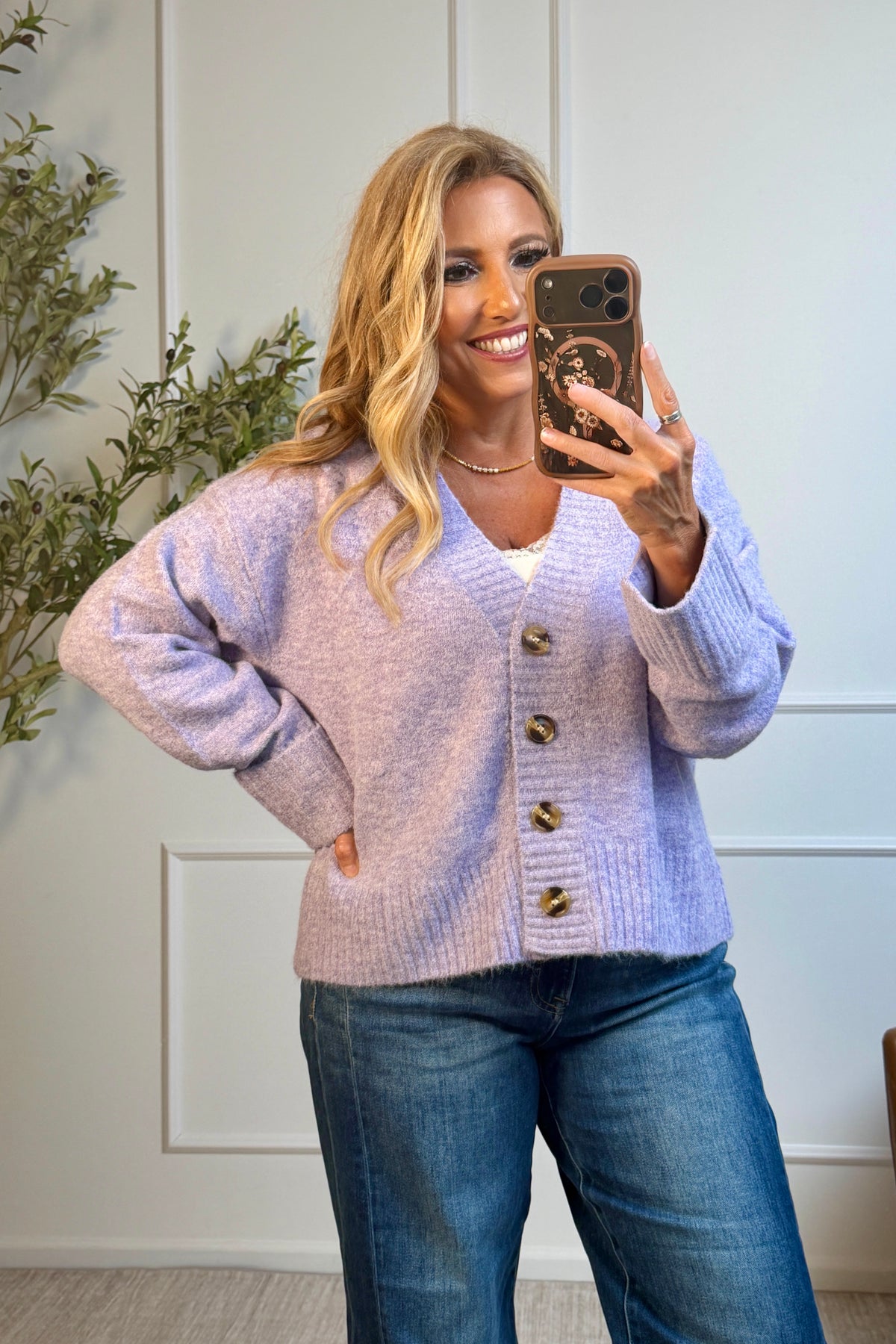Langley Folded Cuffs Sweater Cardigan : Lavender