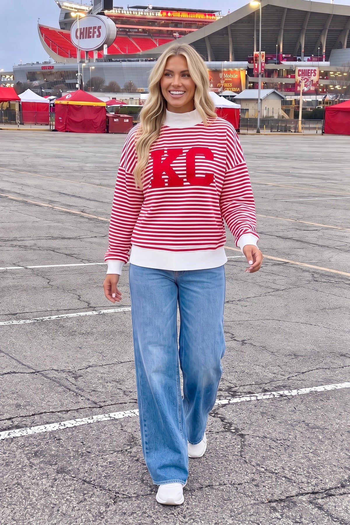 KC Striped Mock Neck Lightweight Sweatshirt : Red