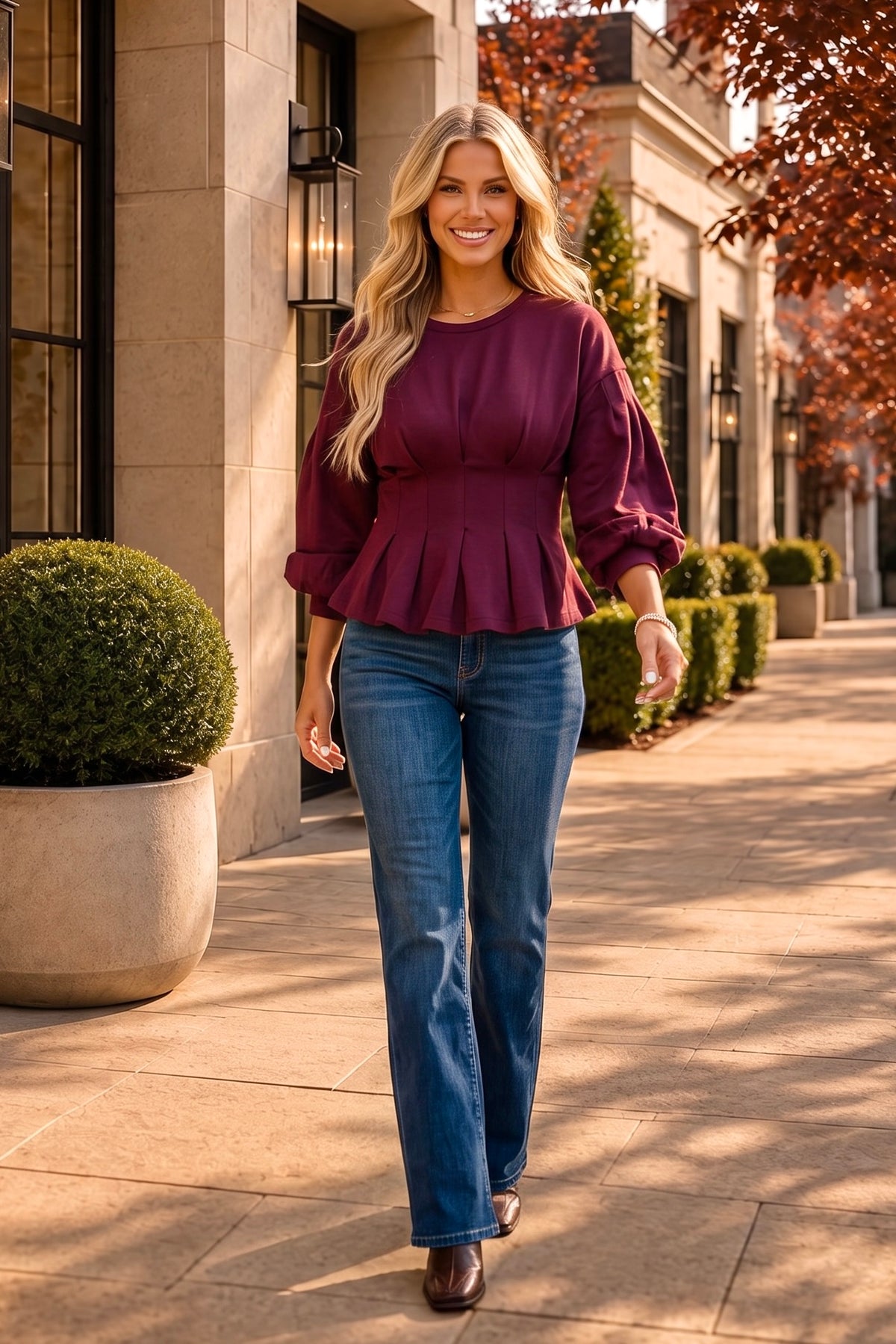 Anneliese Peplum Flair Top : Plum