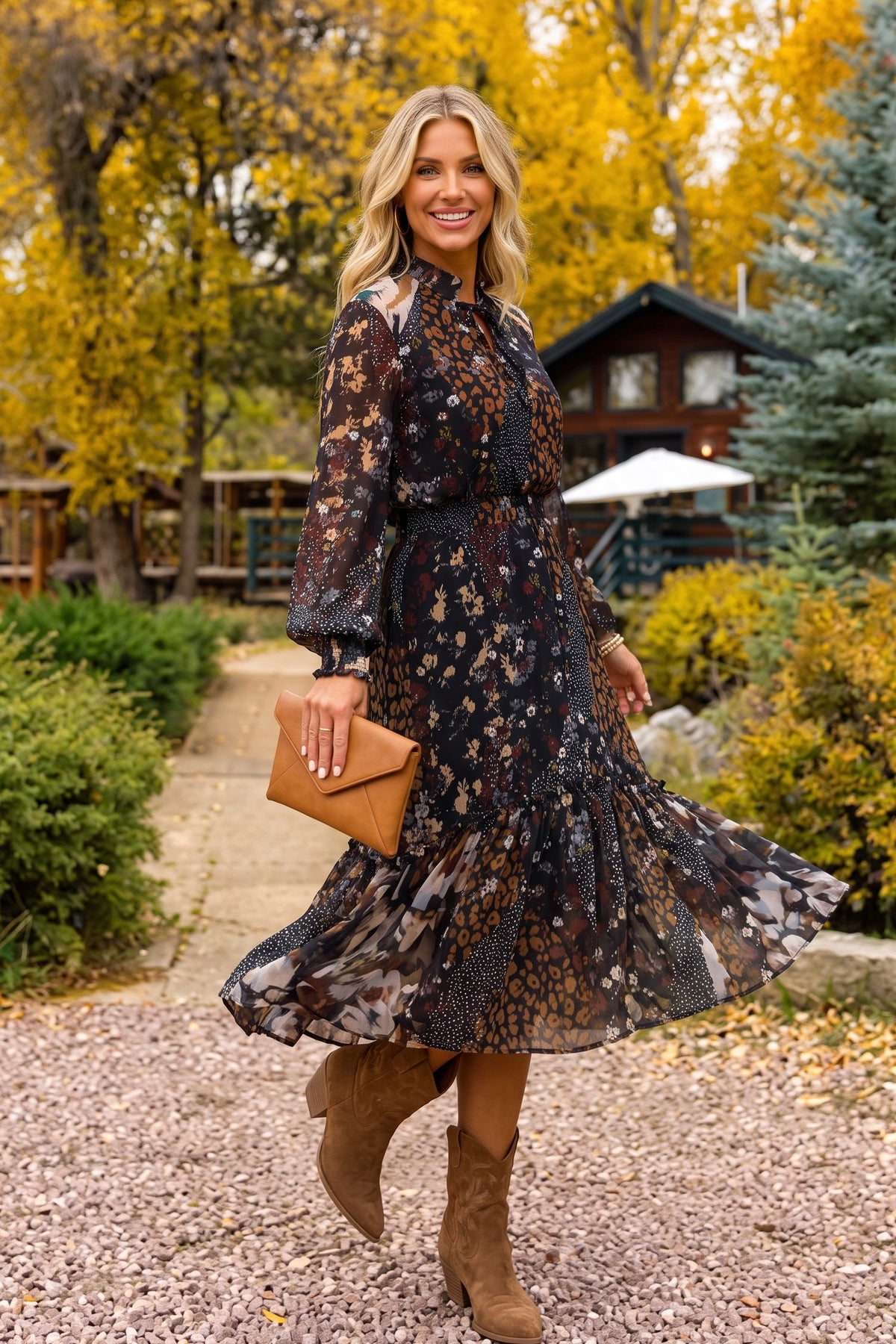 Tribal Almeria Mixed Print Dress : Rustic Brown
