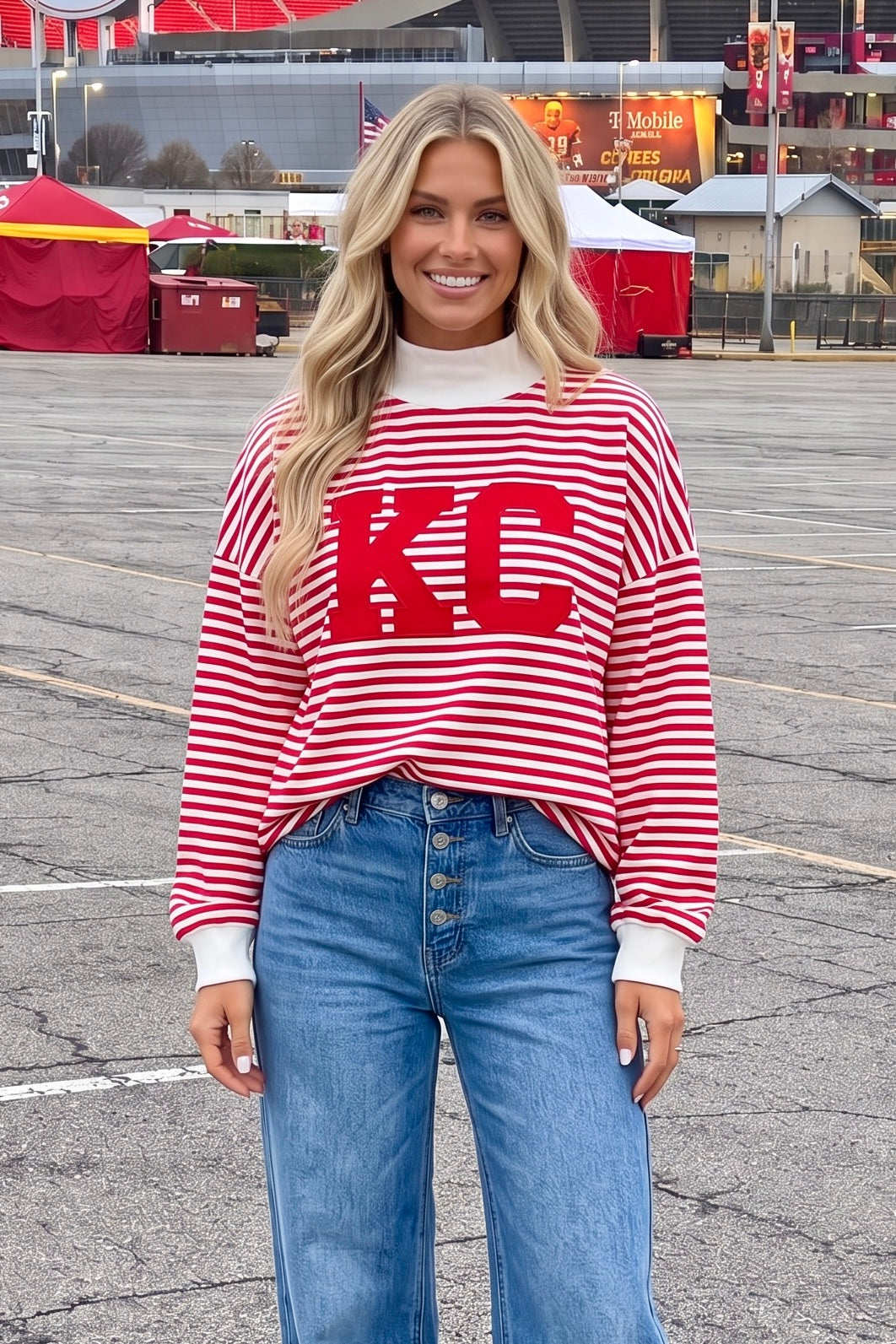 KC Striped Mock Neck Lightweight Sweatshirt : Red
