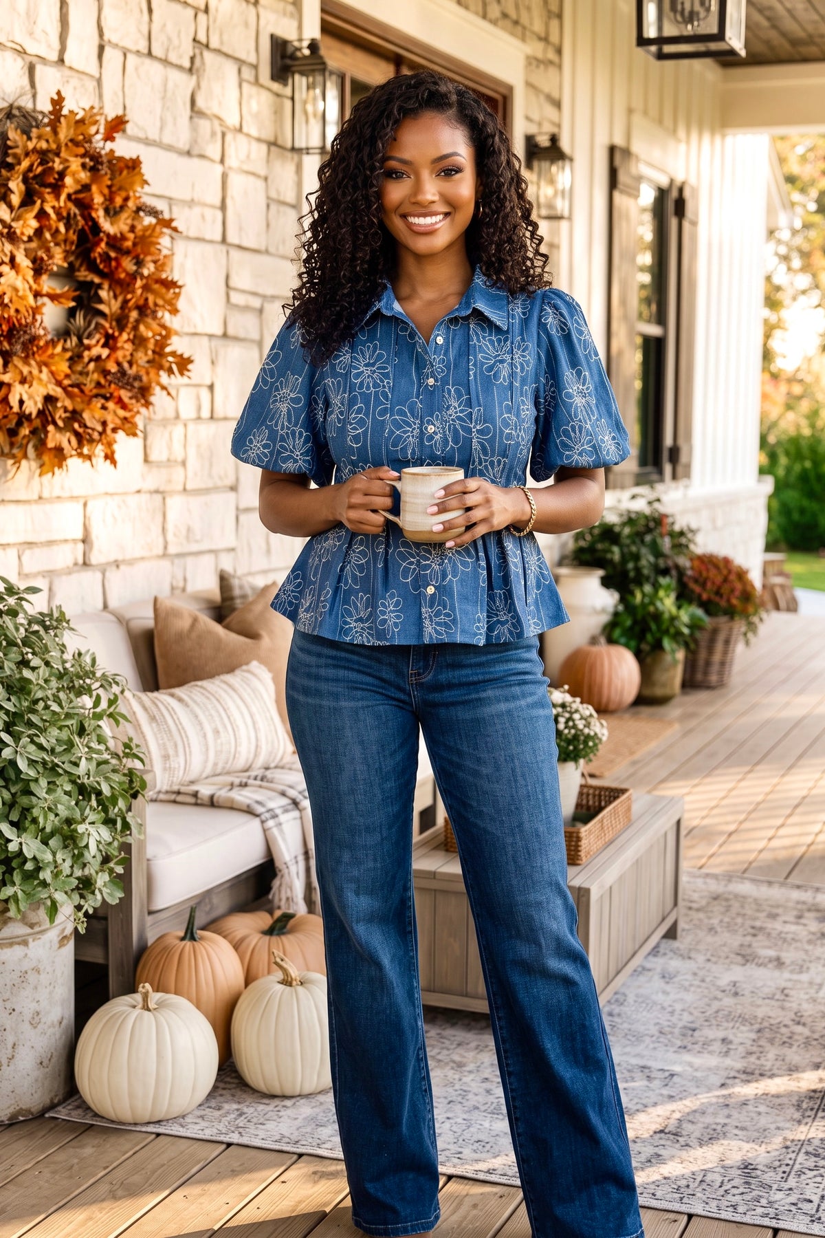 Camellia Floral Embroidered Top : Denim Blue