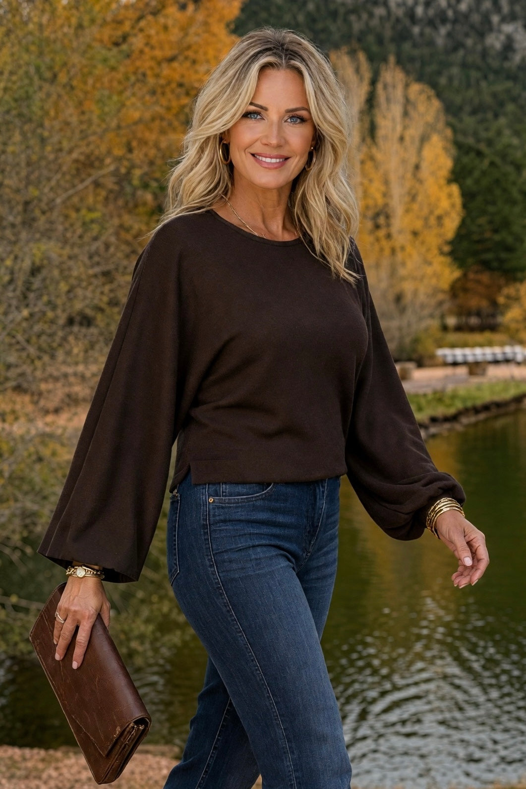 Almira Long Cap Sleeve Top : Brown