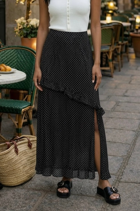 Raegan Ruffle Detail Polka Dot Side Slit Skirt : Black
