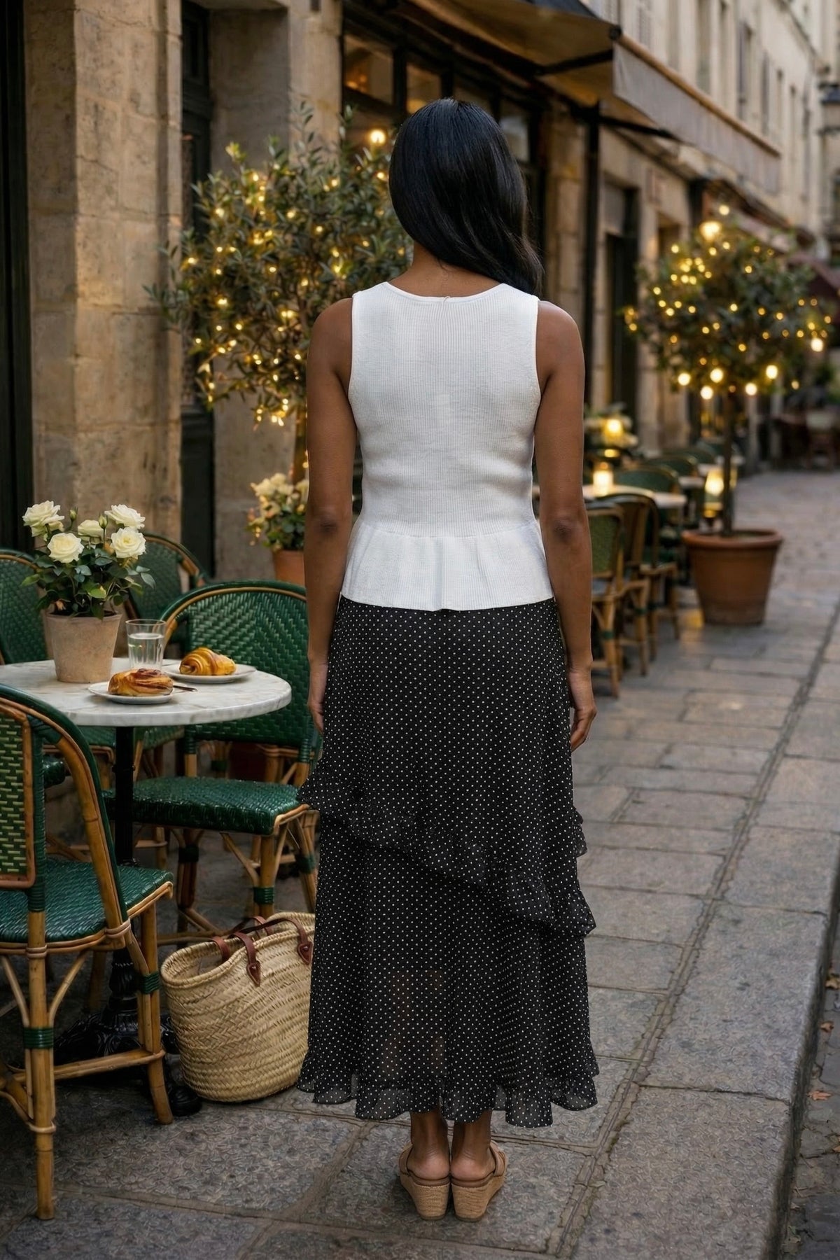 Raegan Ruffle Detail Polka Dot Side Slit Skirt : Black