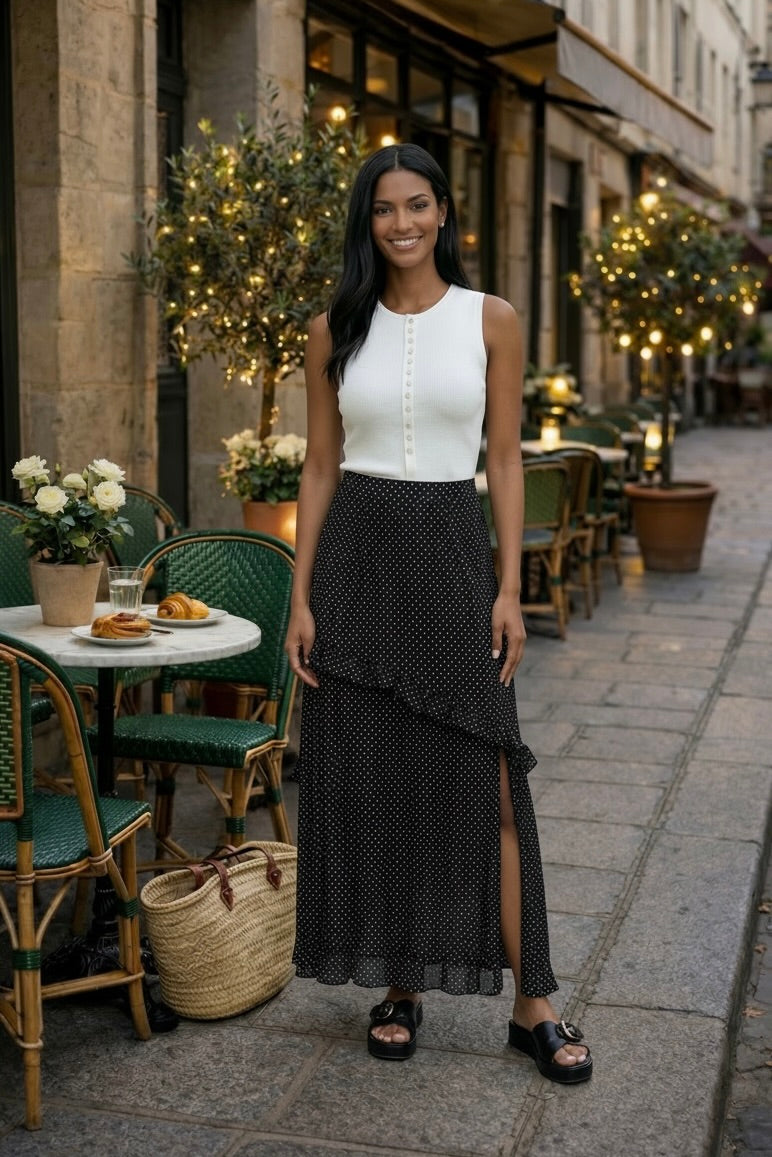 Raegan Ruffle Detail Polka Dot Side Slit Skirt : Black