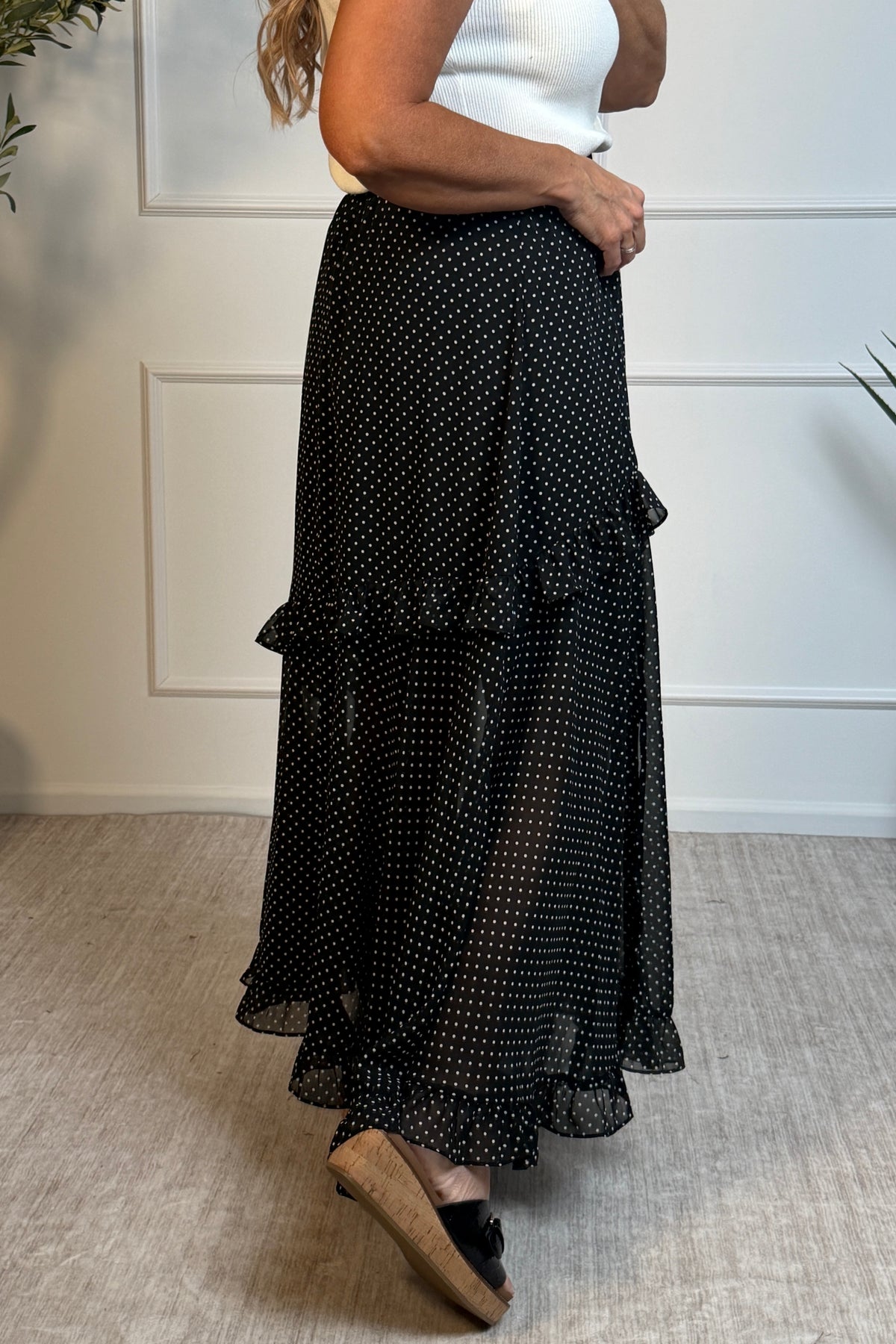 Raegan Ruffle Detail Polka Dot Side Slit Skirt : Black