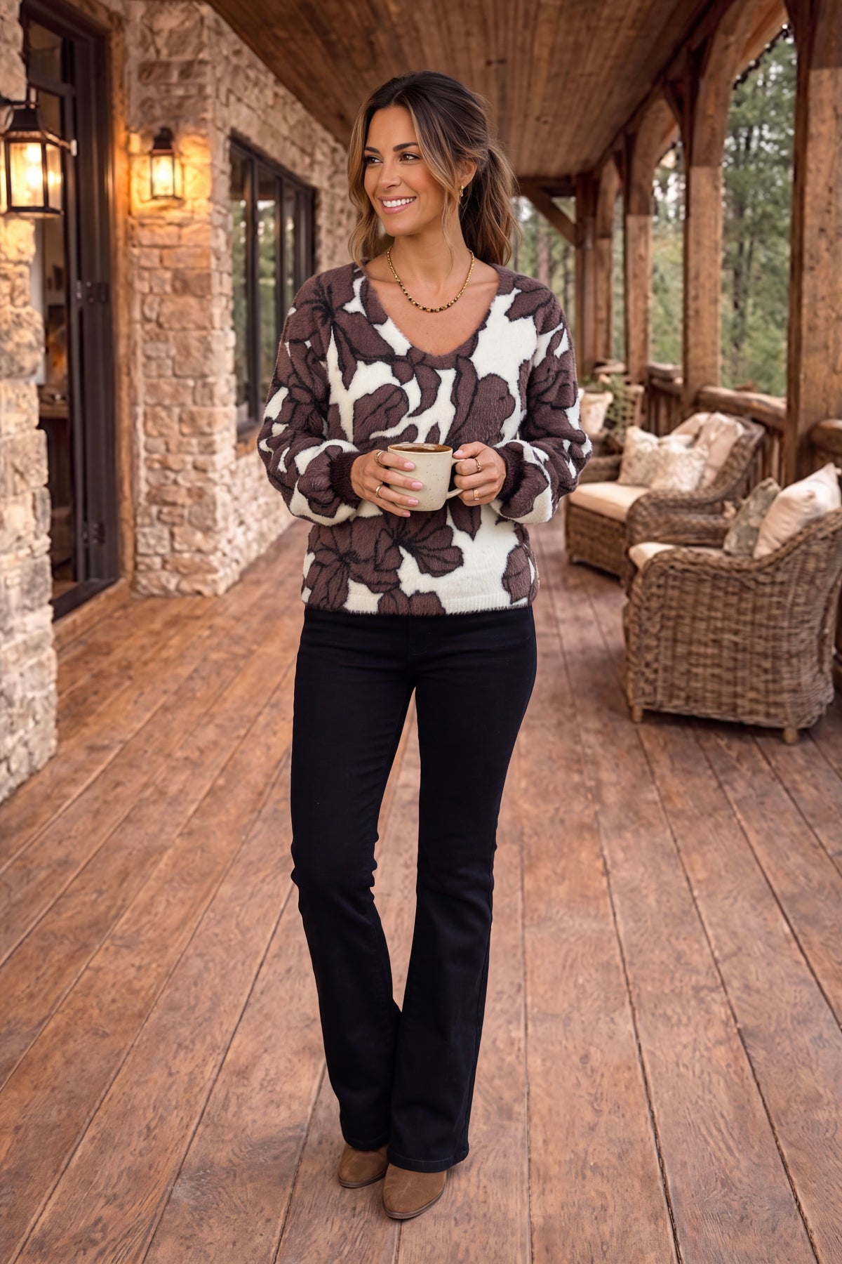 Tribal Avelina Floral Sweater : Saddle Brown