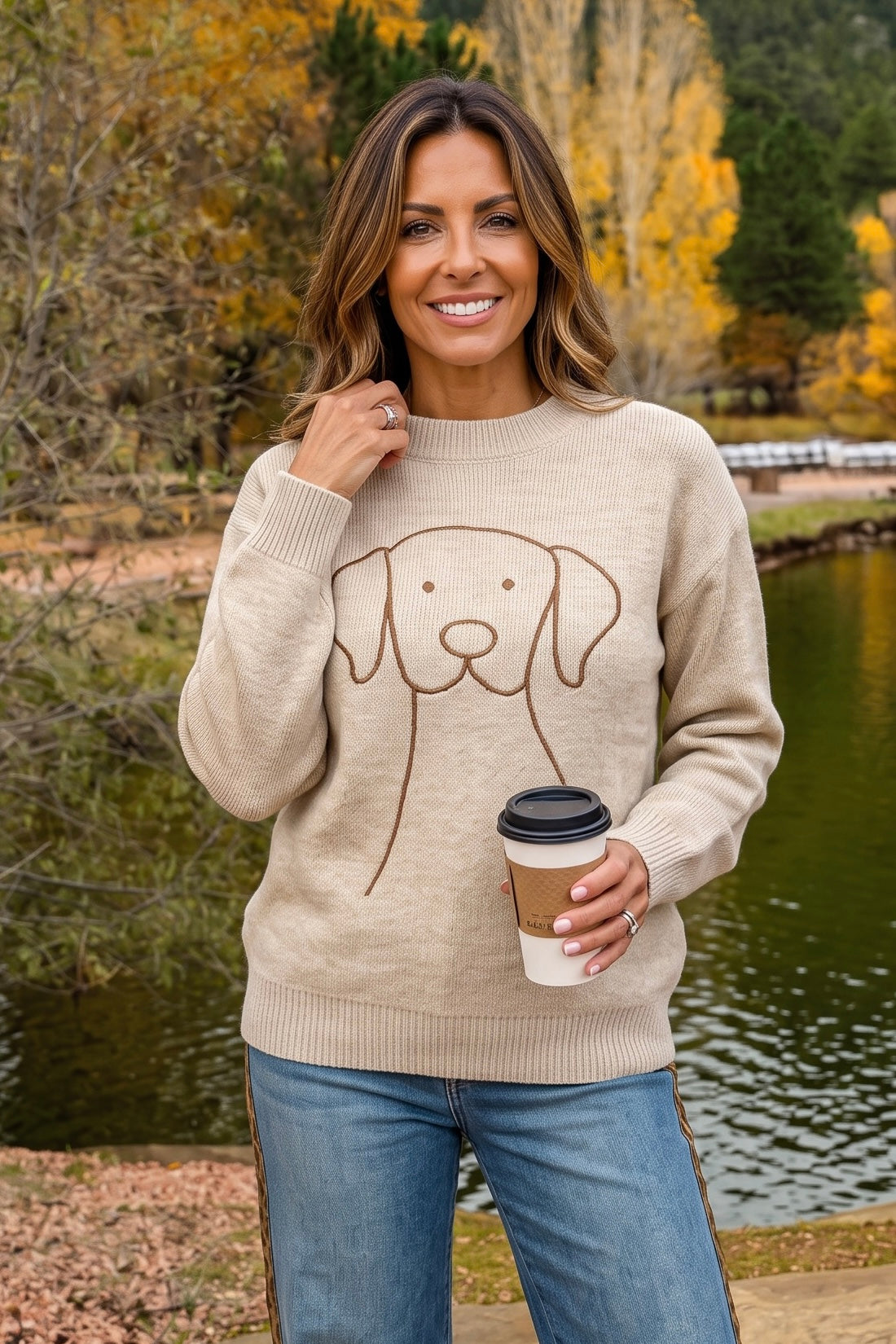 Milla Knit Crewneck Sweater with Dog Face : Oatmeal