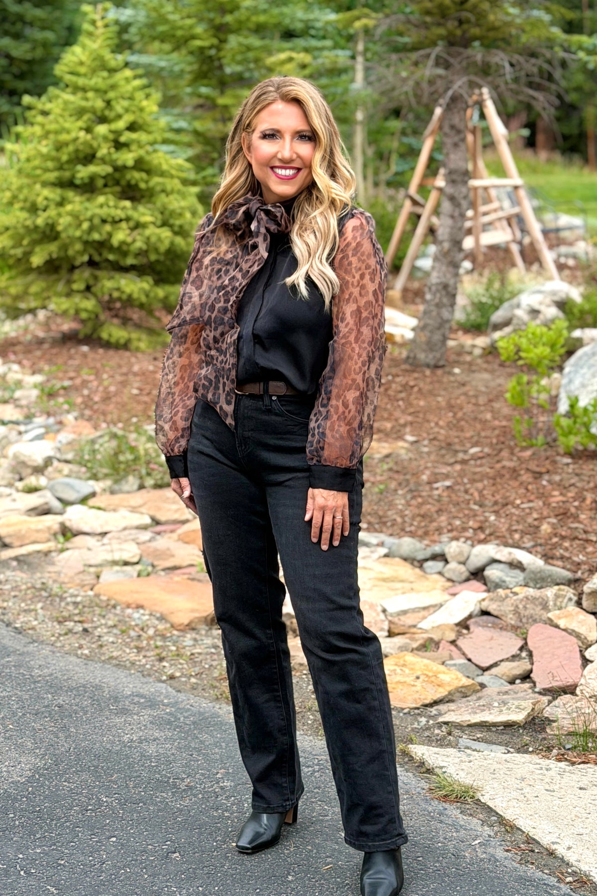Gaby Self Tie Neckline Detailed Blouse : Black/Brown