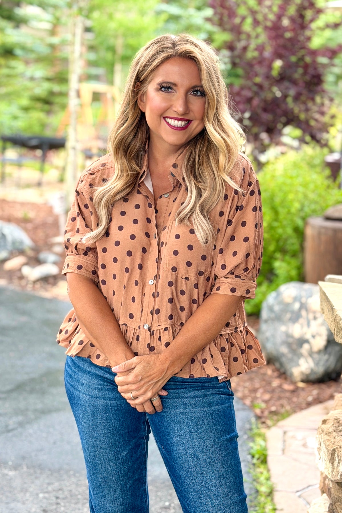 Irma Button Down Spotted Top : Camel