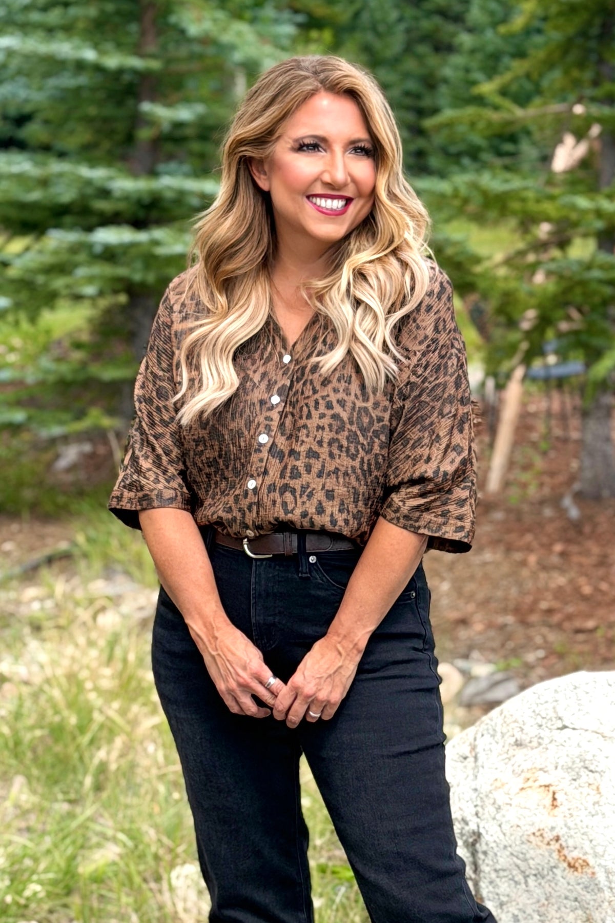 Alanna Button Down Animal Print Top : Brown