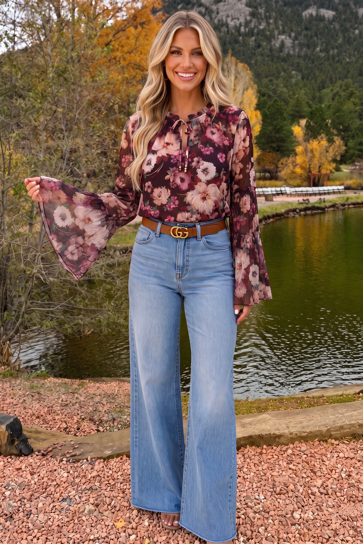 Nicolya Bell Sleeve Blouse : Plum/Dusty Rose