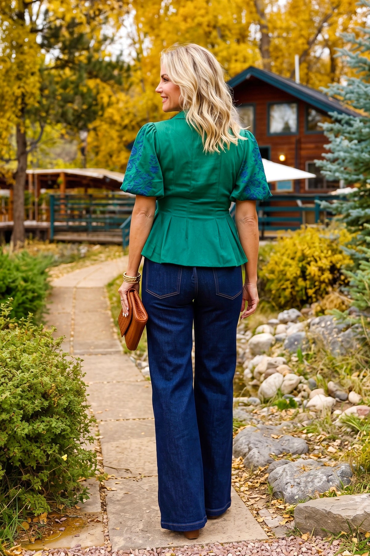 Farah Floral Embroidered Pleated Top : Green