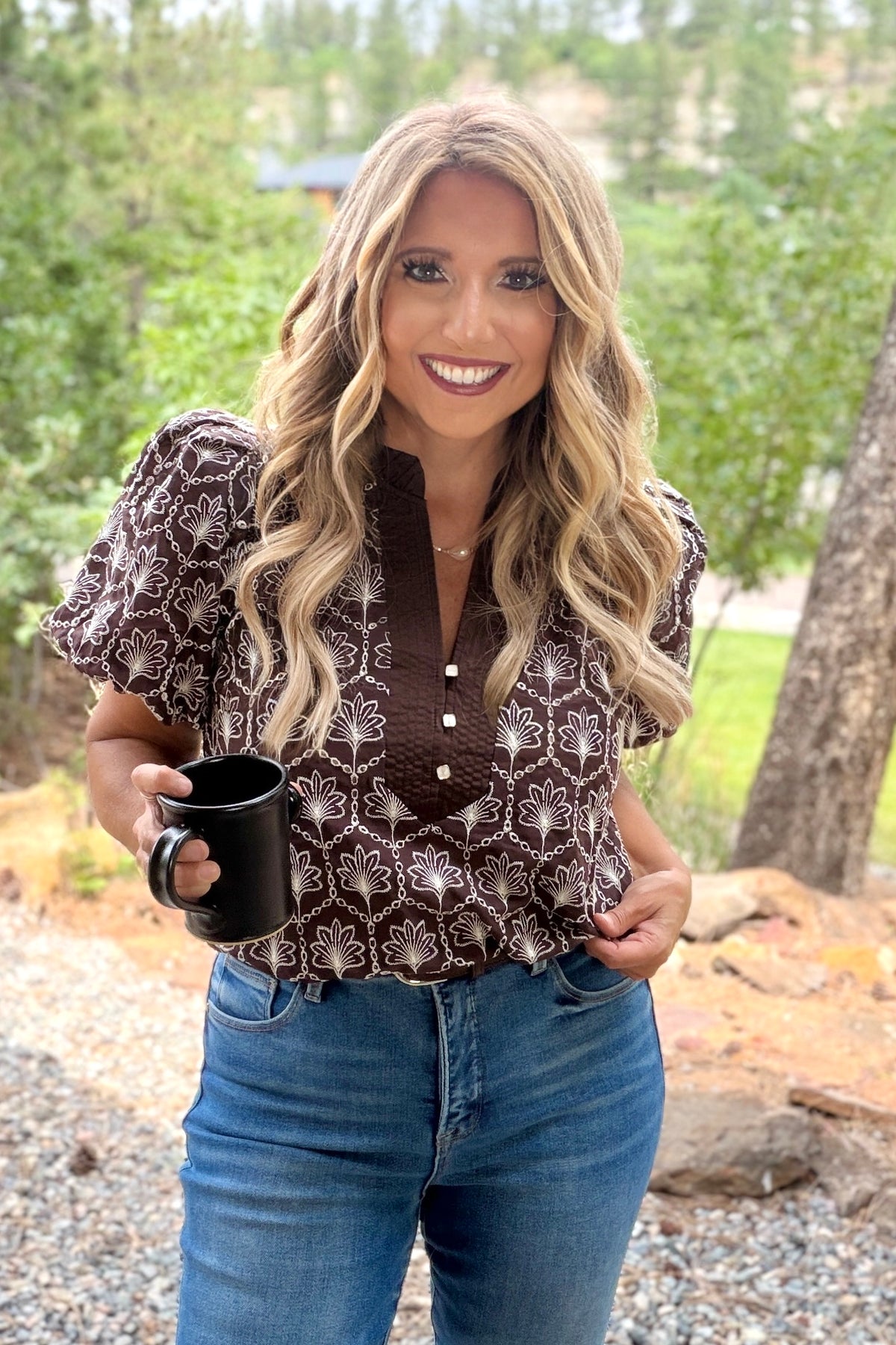 Ayria Embroidered Floral Blouse : Brown