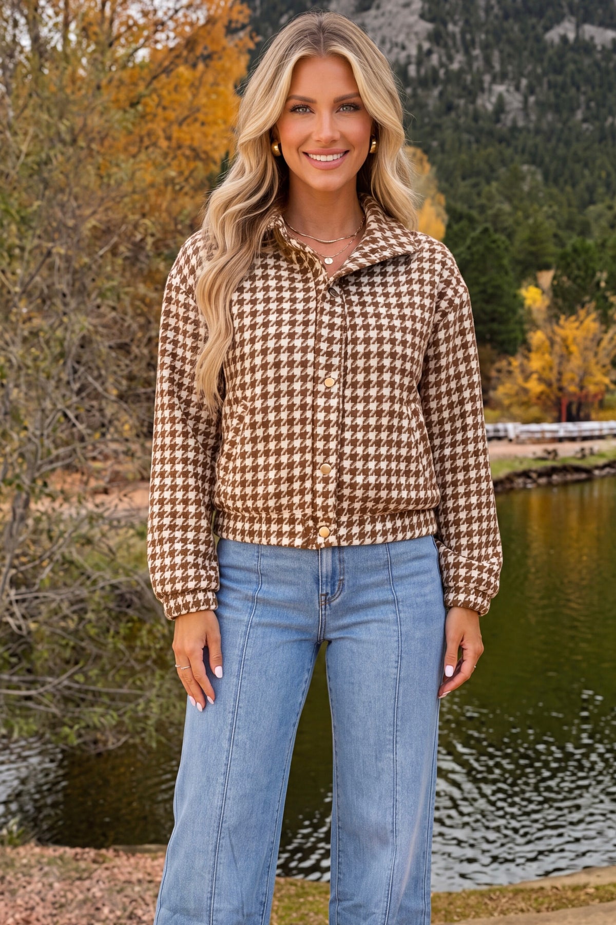 Nessa Houndstooth Bomber Jacket : Camel/Cream