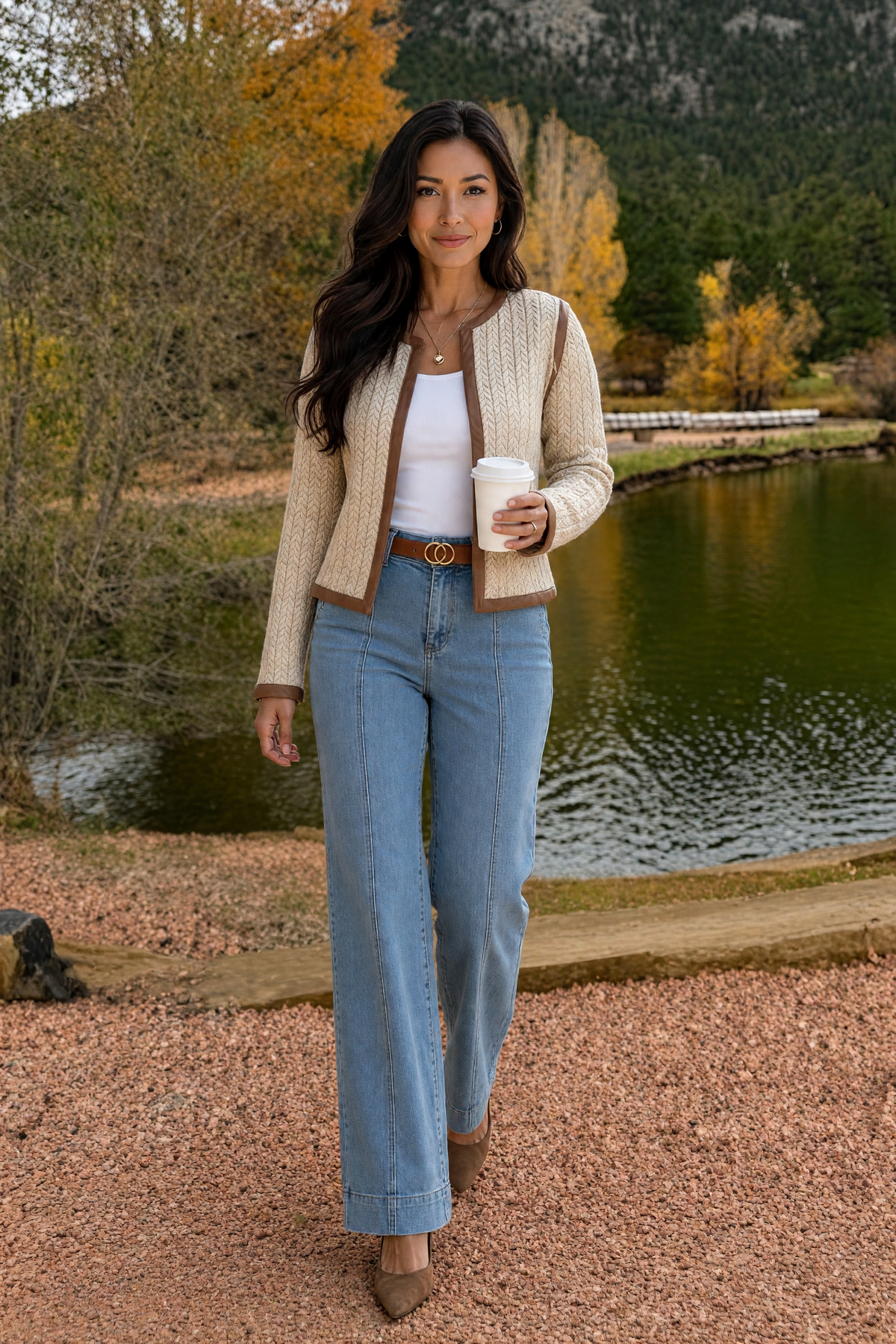 Starla Faux Leather Trim Cable Knit Jacket : Beige