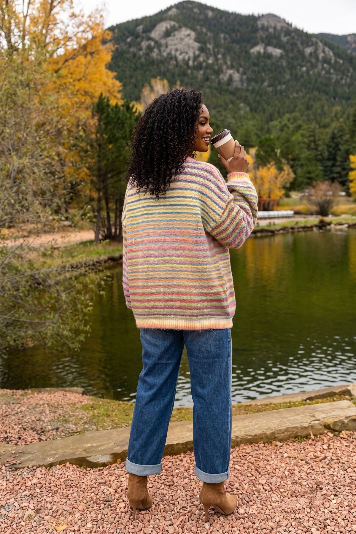 Georgette Striped Open Front Sweater Cardigan : Rainbow