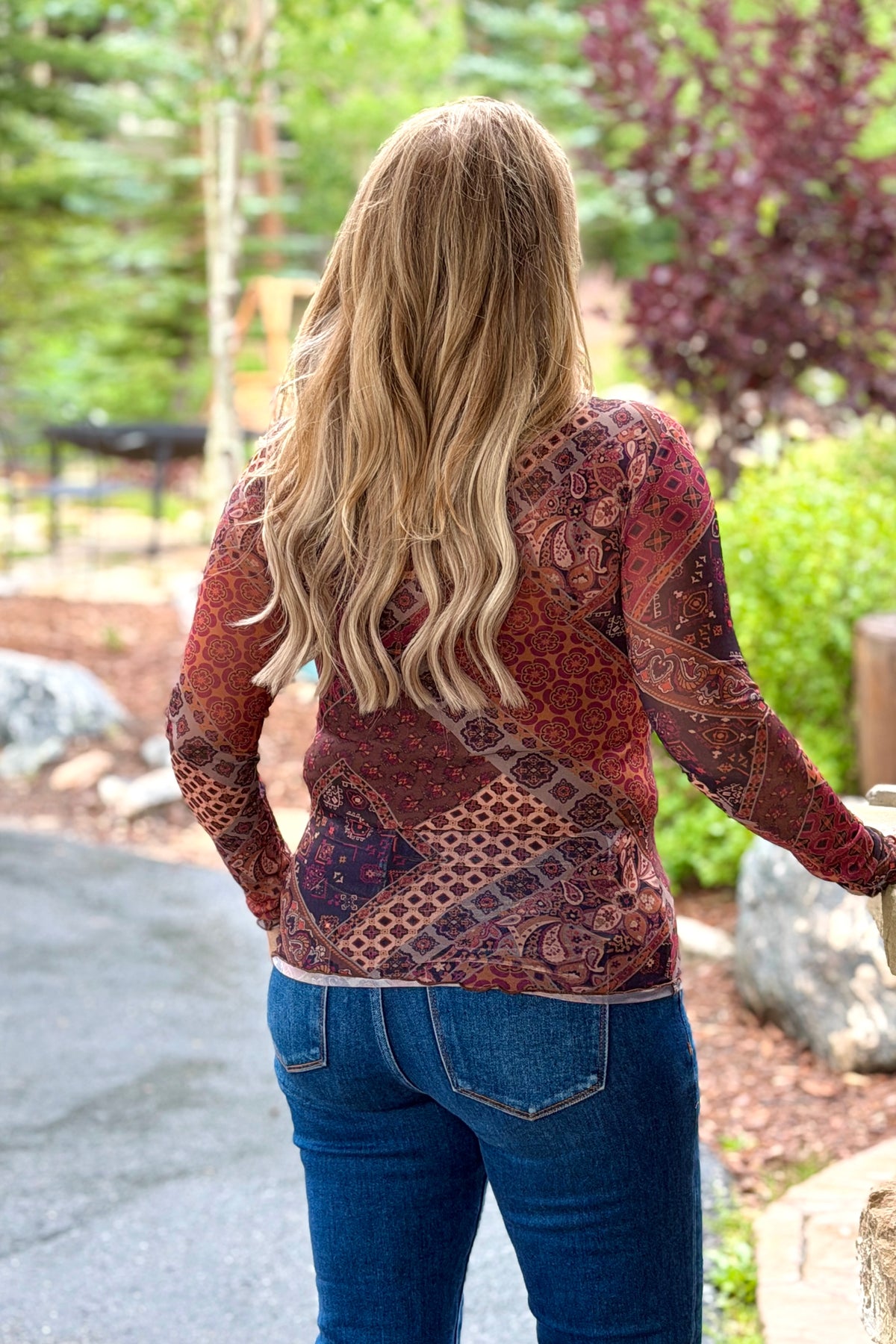 Erna Mosaic Print Mesh Top : Brown Multi