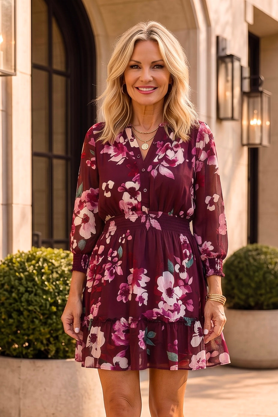 Neleah Smocked Waist Mini Dress : Wine/Dusty Rose