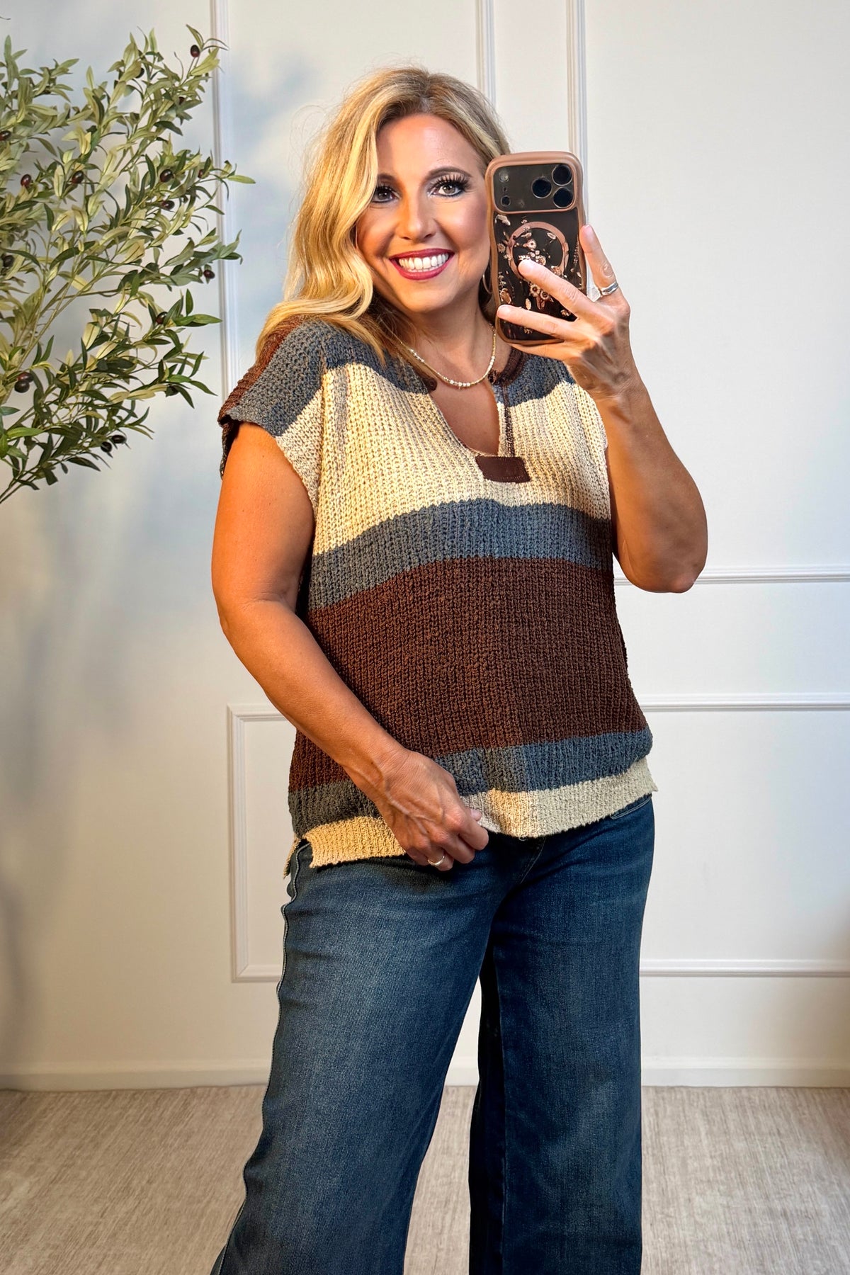Jaylene Crochet Striped Top : Mocha/Taupe