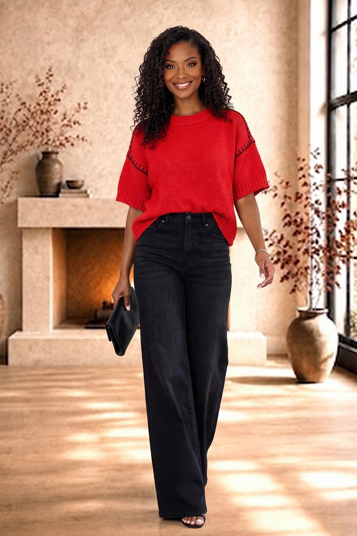 Fiala Short Sleeve Knit Sweater : Red