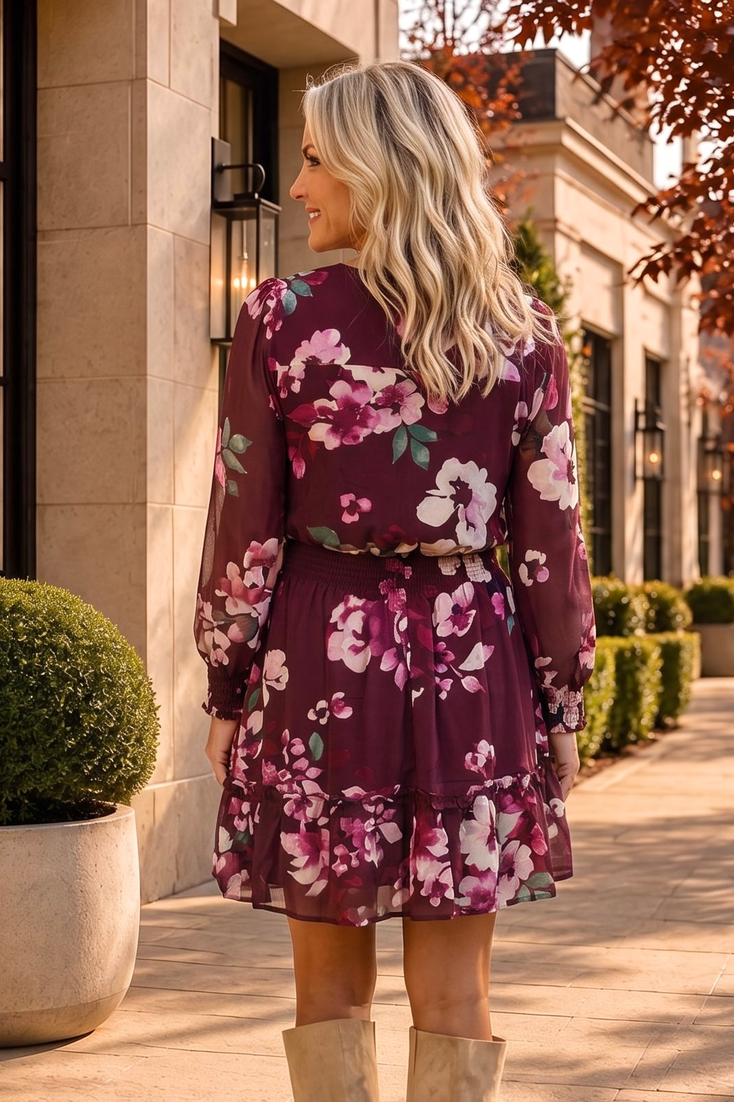 Neleah Smocked Waist Mini Dress : Wine/Dusty Rose