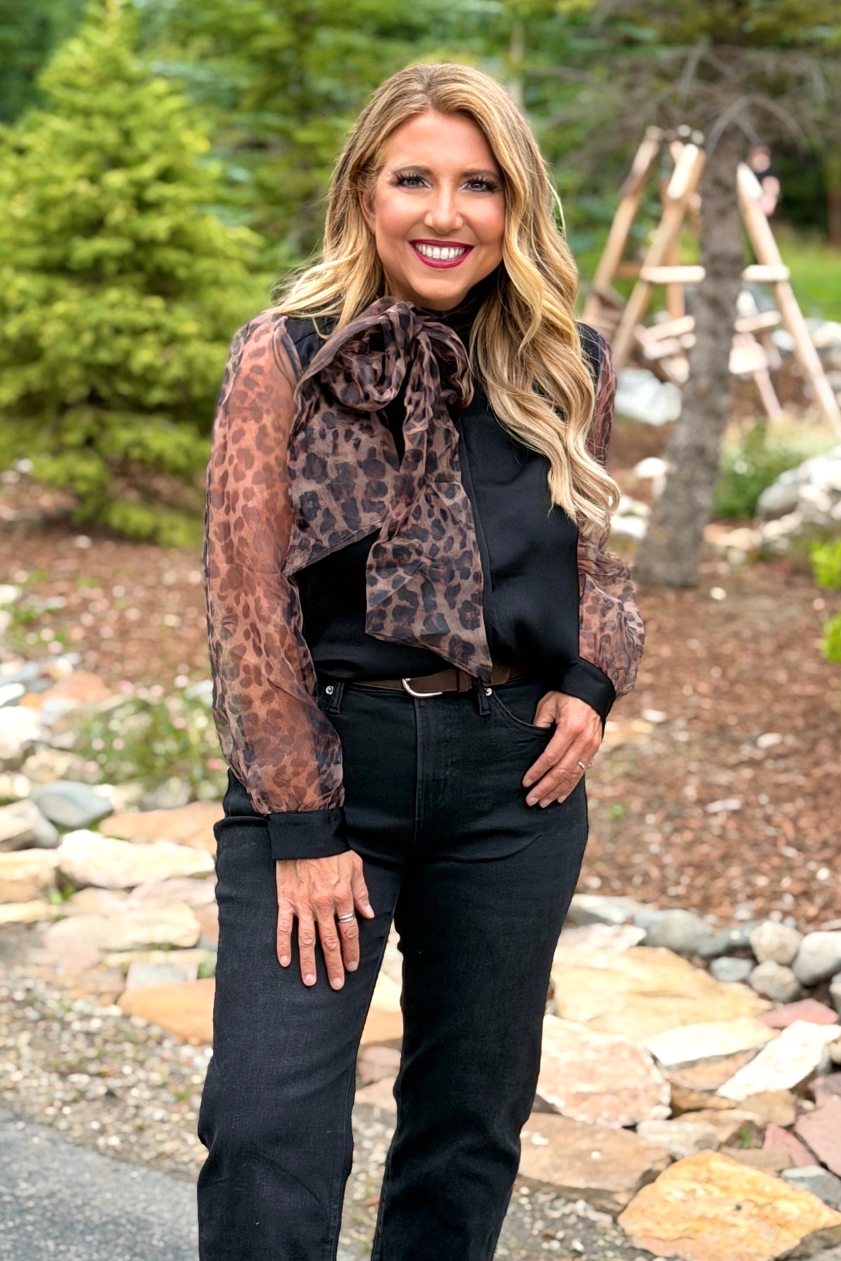 Gaby Self Tie Neckline Detailed Blouse : Black/Brown