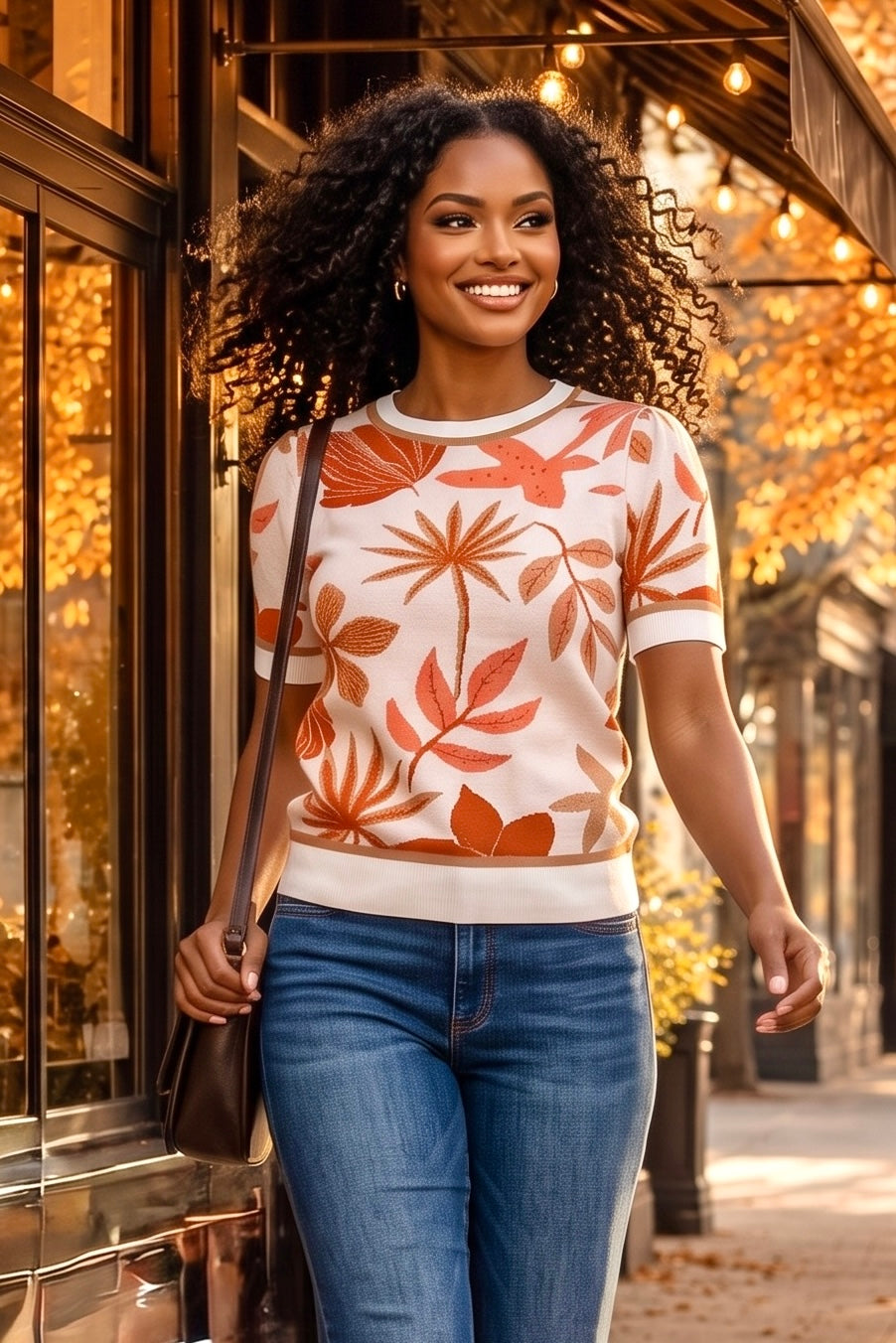 Krista Leaf Pattern Knit Sweater : Cream Multi