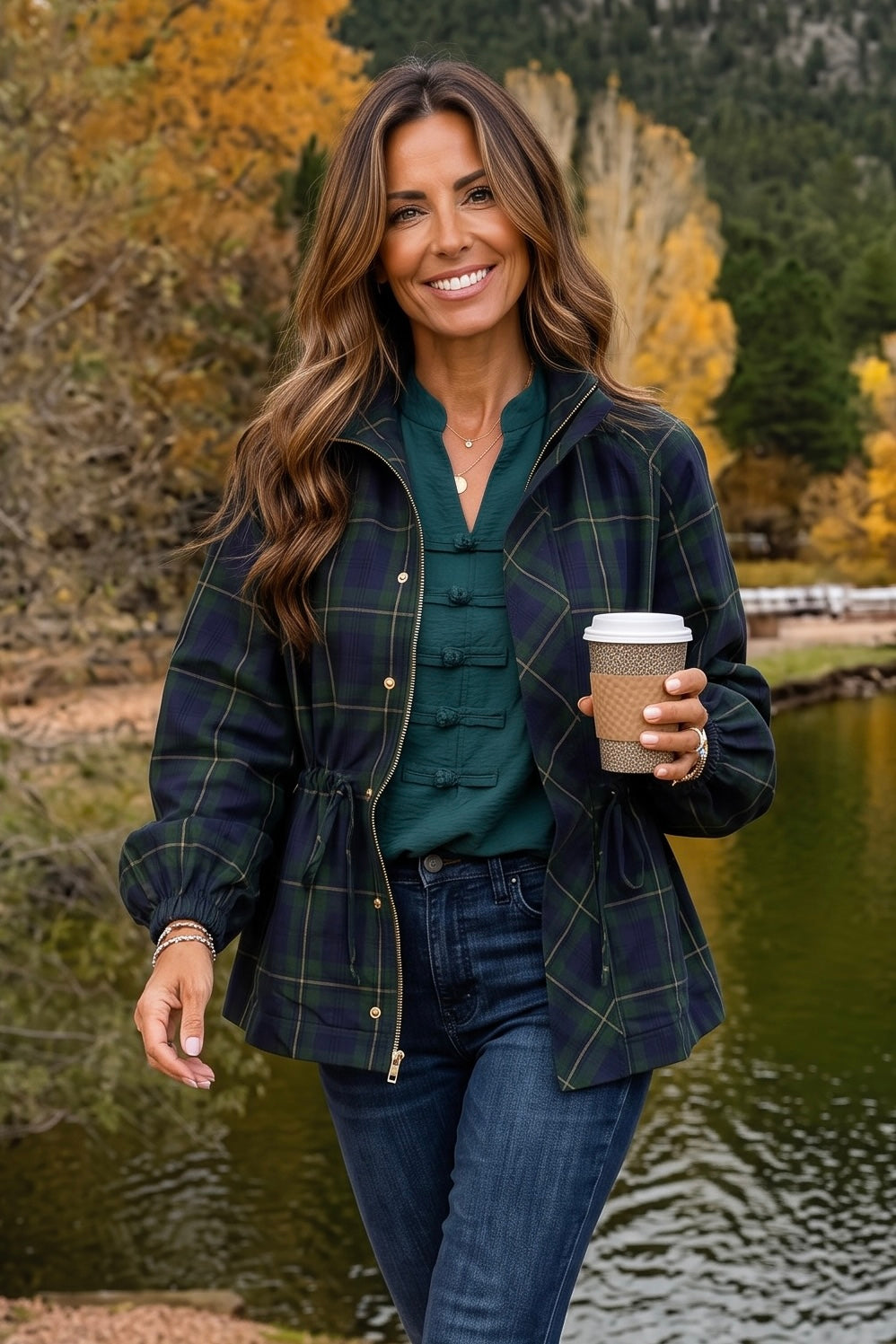 Lenore Zip Front Plaid Jacket : Green/Navy