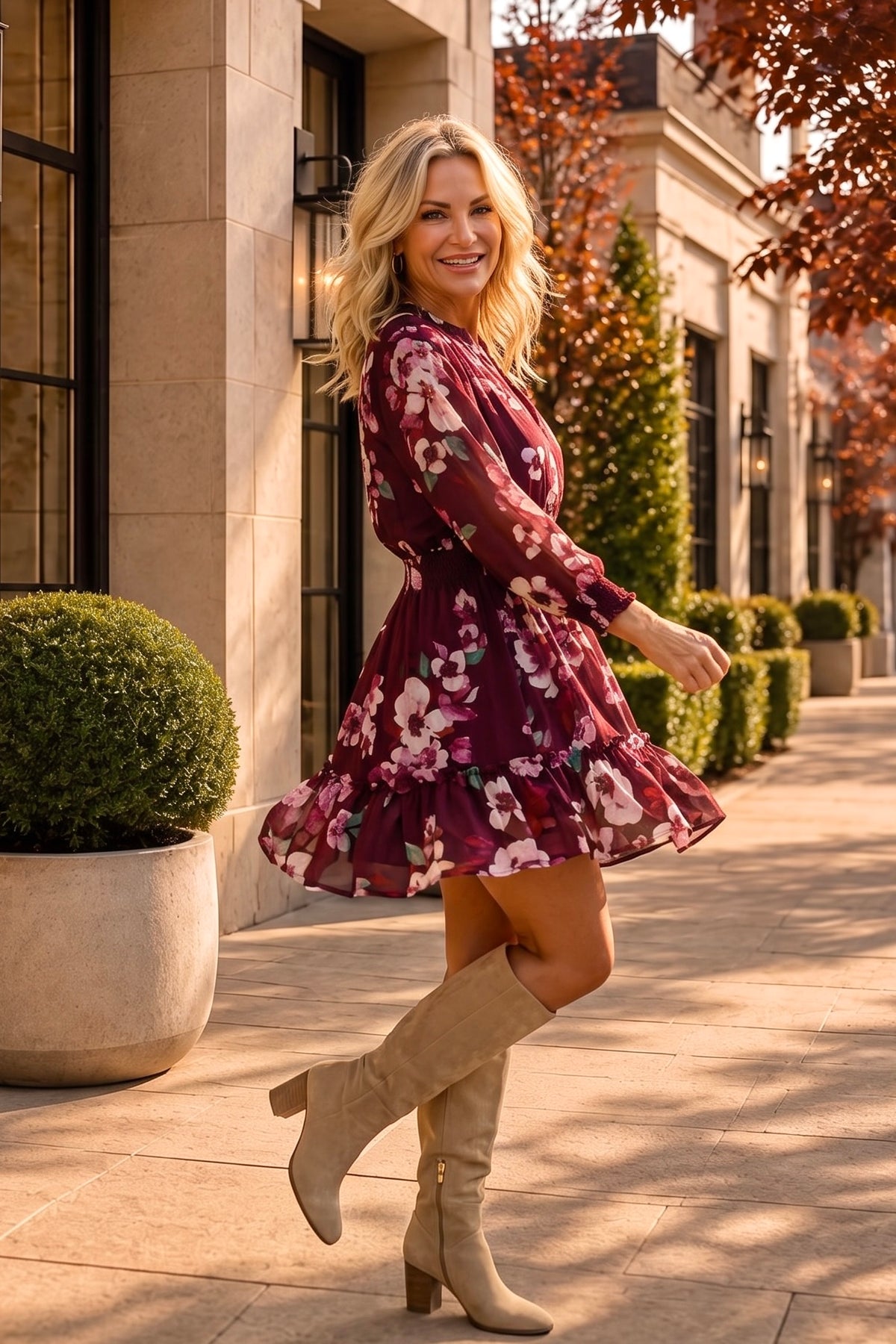 Neleah Smocked Waist Mini Dress : Wine/Dusty Rose