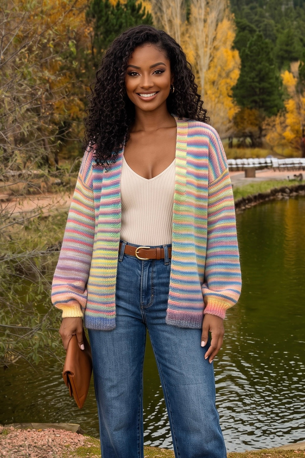 Georgette Striped Open Front Sweater Cardigan : Rainbow