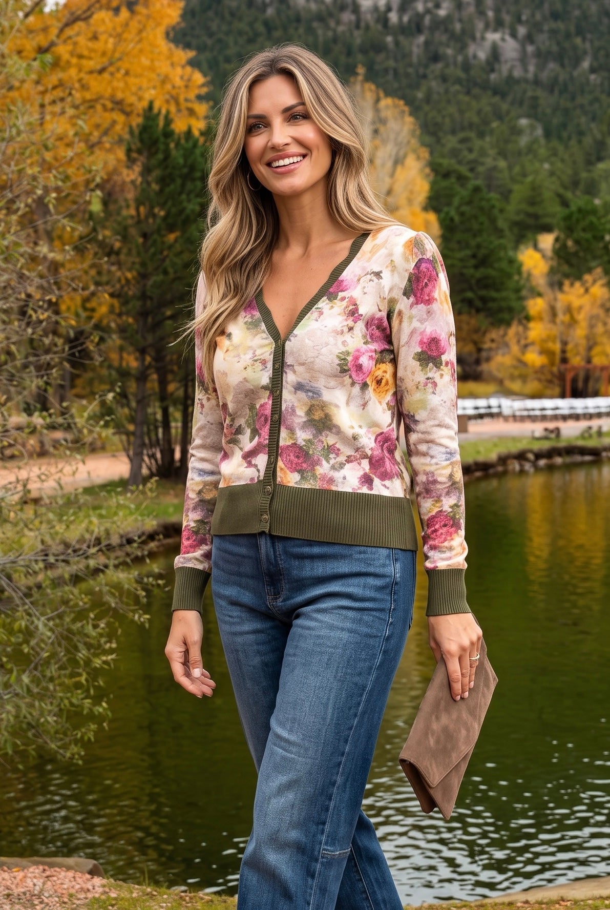 Avenly Mesh Floral Cardigan : Olive/Magenta