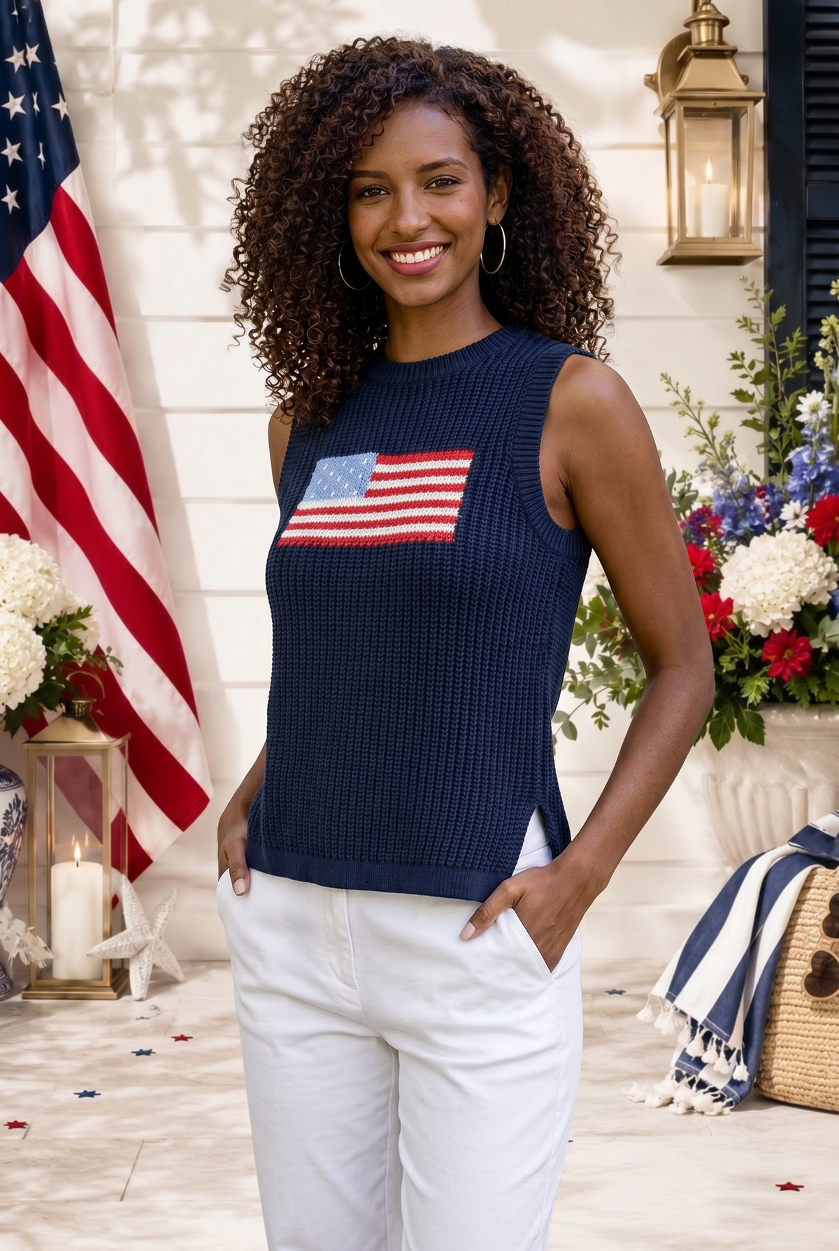 Azura Flag Print Knitted Sleeveless Sweater : Navy Multi