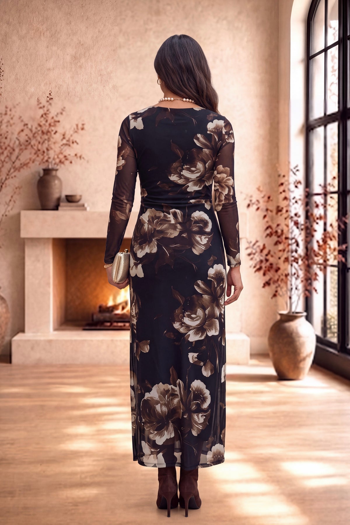 Zola Floral Mesh Midi Dress : Black/Brown