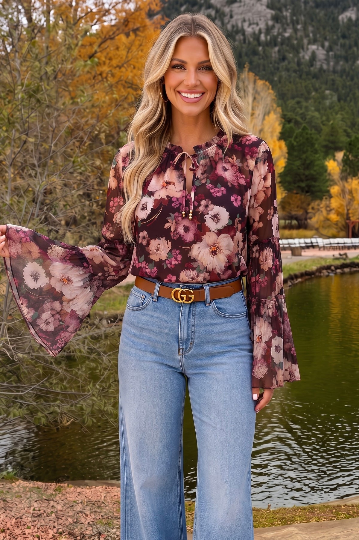 Nicolya Bell Sleeve Blouse : Plum/Dusty Rose