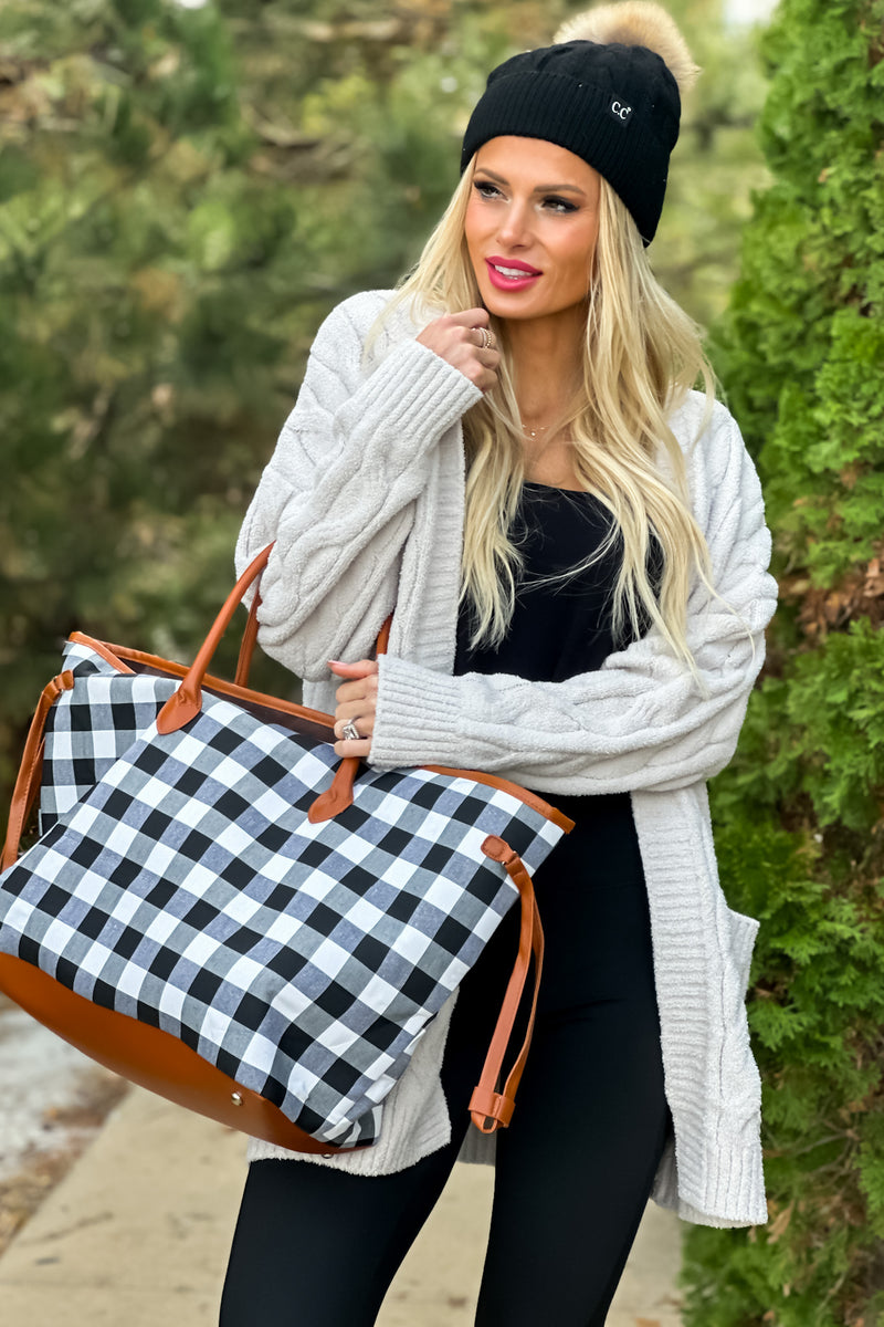 Weekend Getaway Buffalo Plaid Tote Bag : Black/White