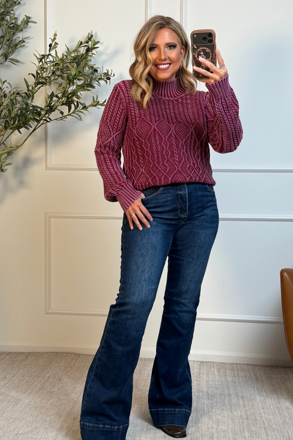 Tribal Brianna Mock Neck Sweater : Cherry