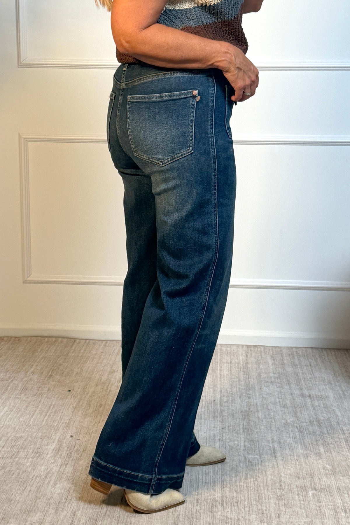 Judy Blue Prisha HW Retro Wide Jeans w/ Front Patch Tab : Dark Blue